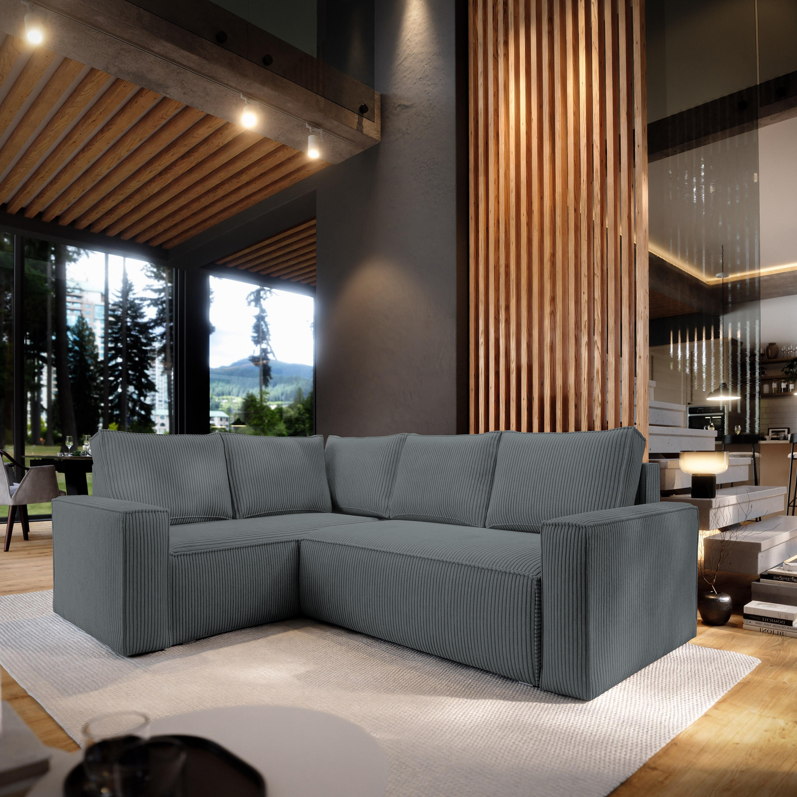 ECKSOFA ESTANO L-S Grau Kordstoff mit Schlaffunktion - Grau, Holz (230/158cm) - MASSENO