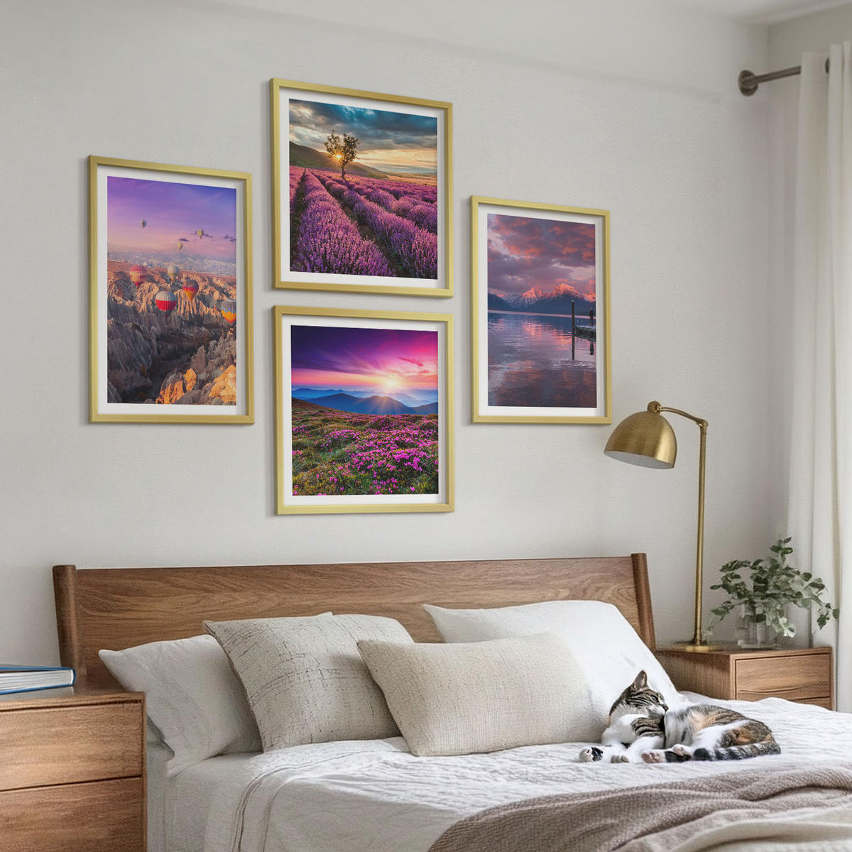BILDER SET 4er Set - 50x50 cm & 40x60 cm Goldrahmen - Sonnenuntergang auf Lavendelfeldern - Goldfarben, Kunststoff (50/50cm) - TULUP