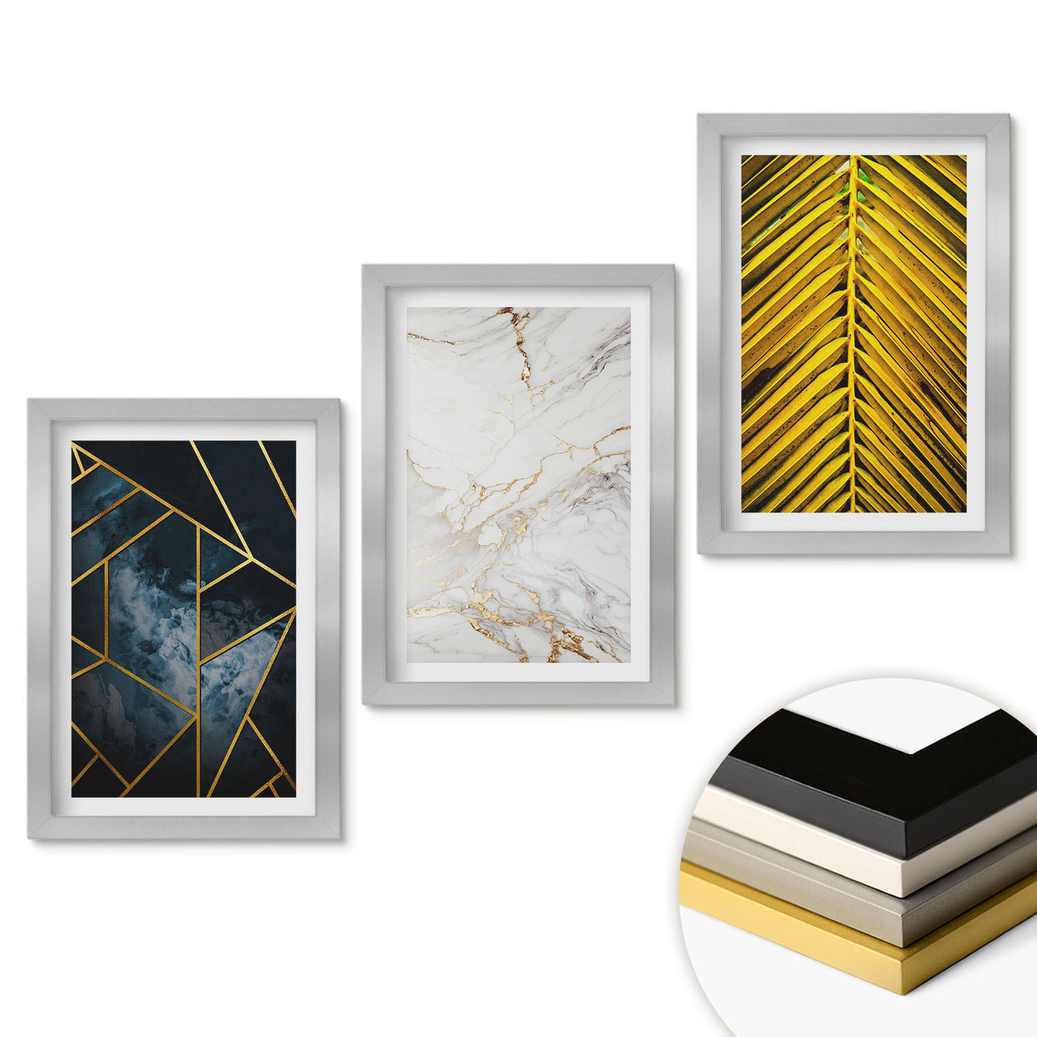 WANDBILDER 3er Set - 20x30 cm Silberner Rahmen - Geometrische Muster und Vegetation - Silberfarben, Kunststoff (20/30cm) - ArtPrintCave