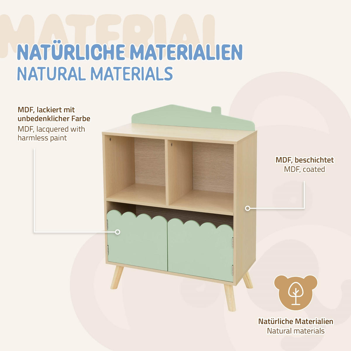 KINDERREGAL Haus-Design, Grün/Natur - Naturfarben, Holz (60/82/30cm) - Joyz