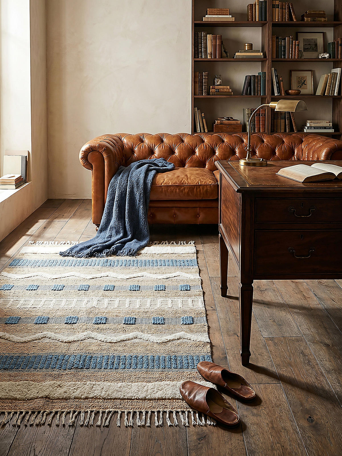 TEPPICH Hoch-Tief Struktur Gestreift, Ethno-Stil, mit Fransen wendbar, Esszimmer Natur-Blau Rechteckig 120x170 - Blau, Textil (170/120cm) - KADIMA DESIGN