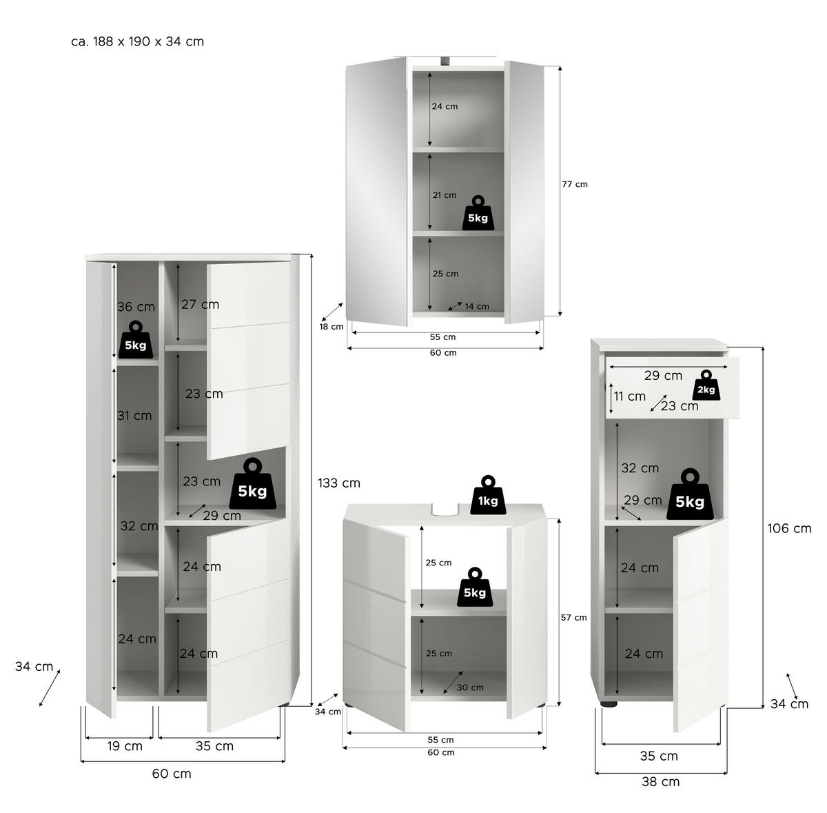 BADKOMBINATION Vira Bad in weiß Melamin und weiß hochglanz B/H/T: 188x190x34 cm - Weiß, Holz (188/190/34cm)