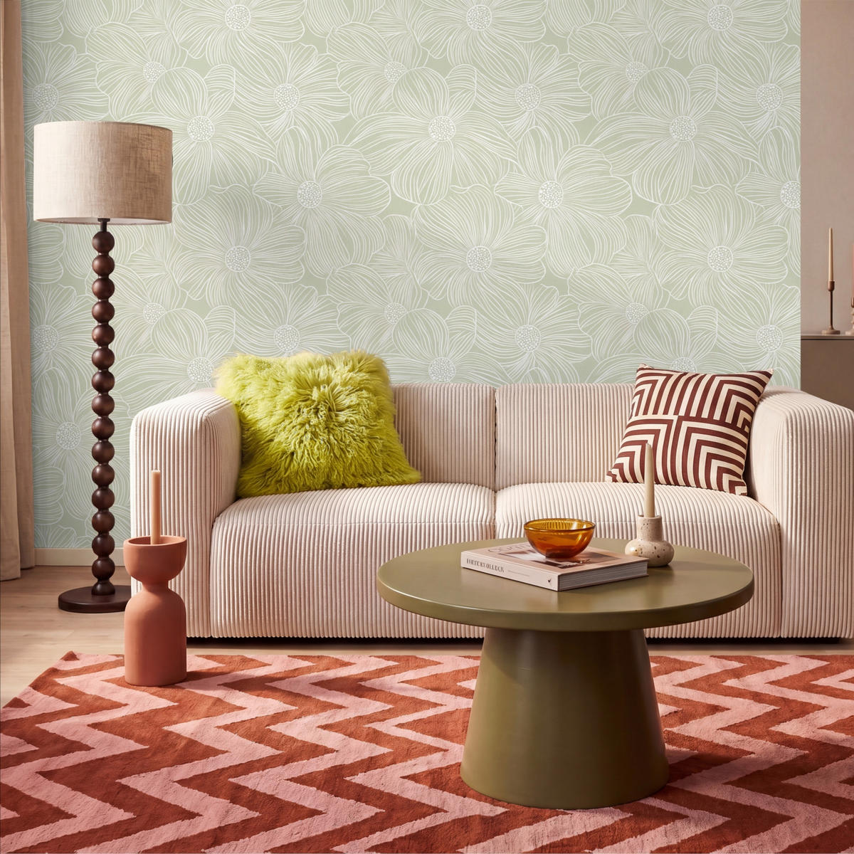 TAPETE - Gelassenheit - Blumen - Grün - 350x220 cm - Salbeigrün, Papier (350/220cm) - OnlyWow