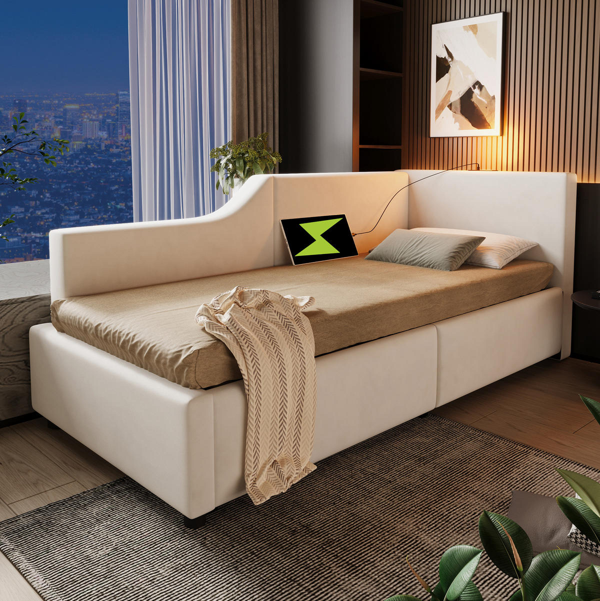 OBLAZINJENA postelja 90/190 cm z žametno prevleko, hidravličnim prostorom za shranjevanje, bralno lučko in USB-C, Bež - bež, tekstil (90/190cm) - Redom