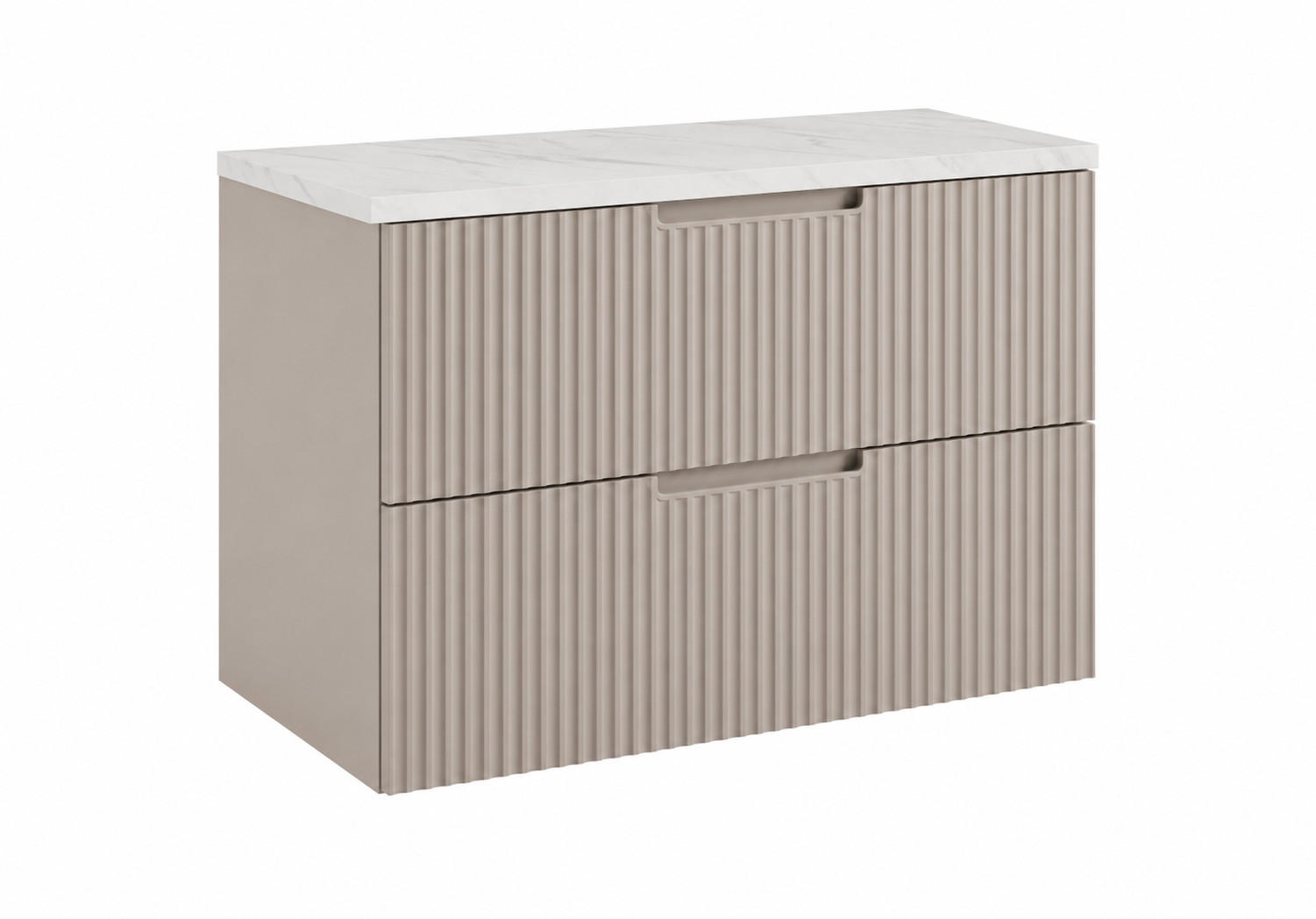 BADEZIMMERSCHRANK hängend 80 mit Schubladen, Korpus in Kaschmir + Platte in Marmor Bianco, mit Griffen, 80 x 46 x 58,6 cm - Beige, Holzwerkstoff (80/58.6/46cm) - 3XE LIVING