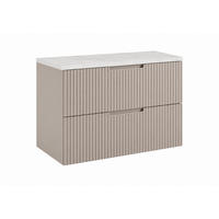 BADEZIMMERSCHRANK hängend 80 mit Schubladen, Korpus in Kaschmir + Platte in Marmor Bianco, mit Griffen, 80 x 46 x 58,6 cm - Beige, Holzwerkstoff (80/58.6/46cm) - 3XE LIVING