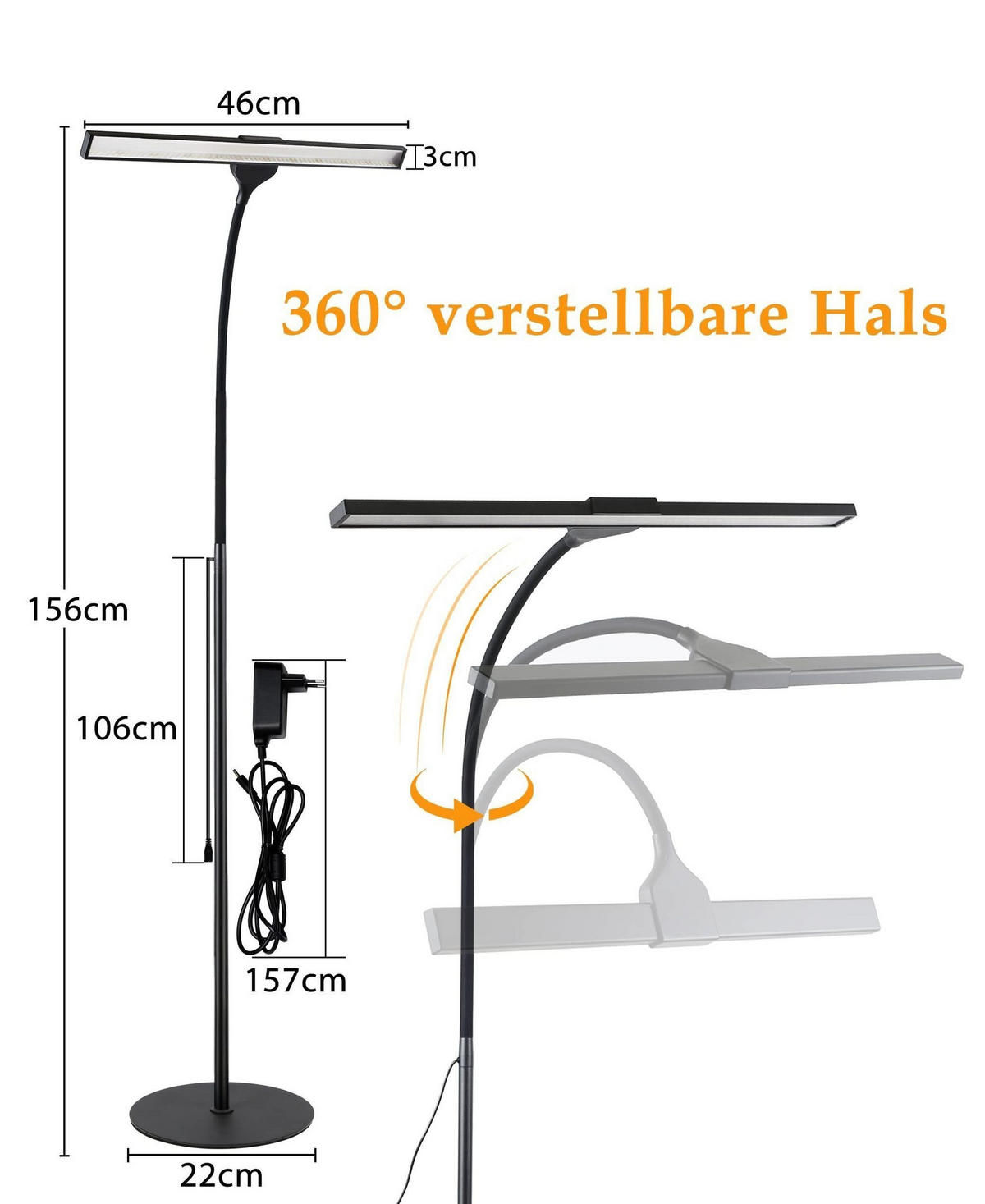 STEHLEUCHTE Nürnberg 46/22/156 cm - Schwarz, Metall (26/20/110cm) - Nettlife