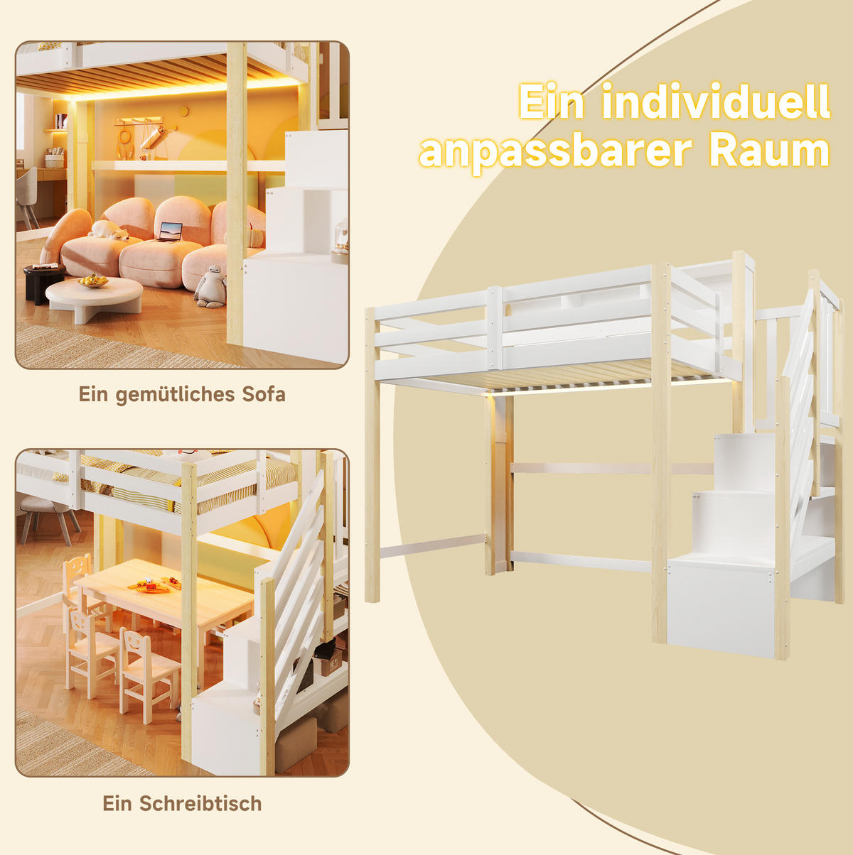 HOCHBETT 90/200 cm aus Kiefernholz mit LED-Licht Weiß/Natur - Naturfarben, Holz (90/200cm) - OKMYHOME