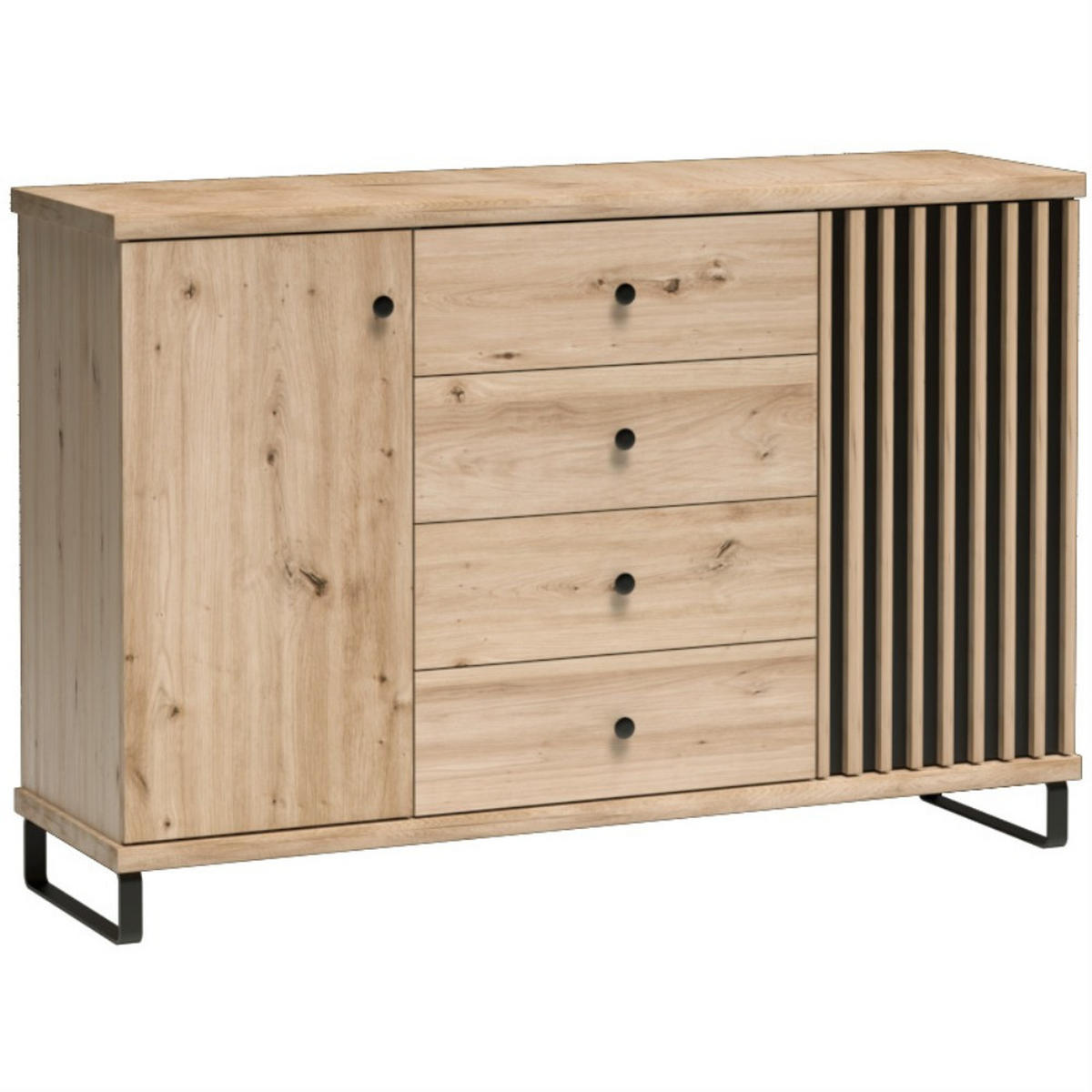 KOMMODE Caya mit zwei Türen, vier Schubladen und Metallbeinen - Schwarz/Eiche Artisan, Holzwerkstoff/Metall (142/95/41cm) - Beautysofa