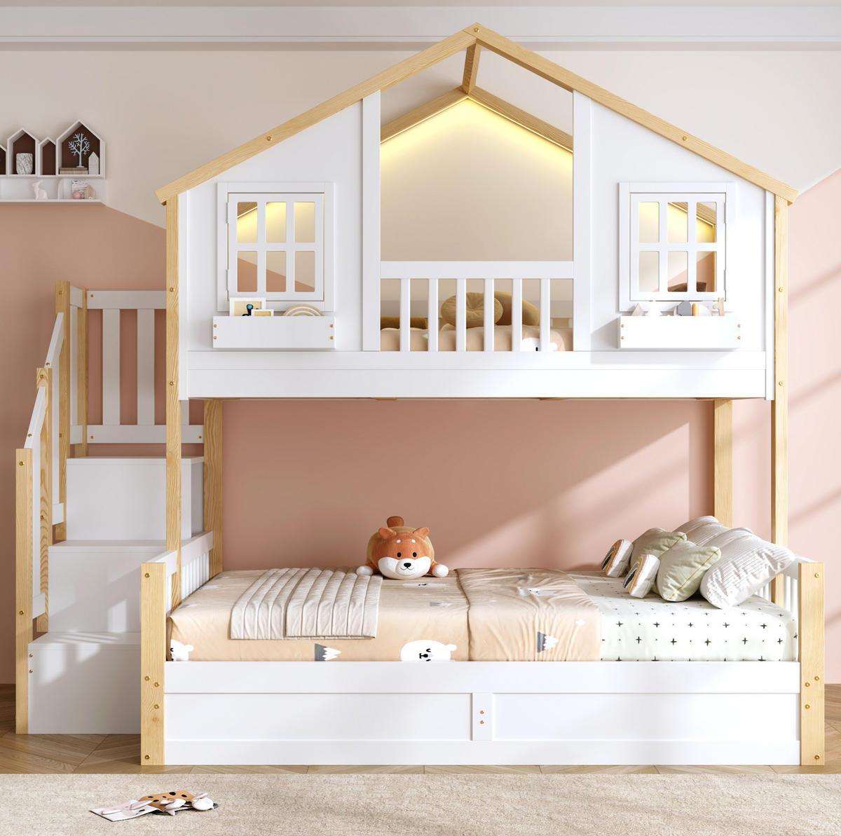 ETAGENBETT mit Stauraumtreppe 90x200 + 140x200 cm Kiefernholz Weiß - Weiß, Holzwerkstoff (90/200cm) - Beauniv