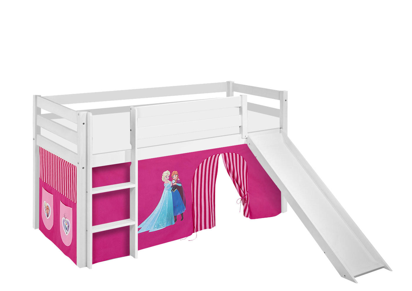 SPIELBETT JELLE Eiskönigin Rosa - Hochbett - mit Rutsche und Vorhang - Weiß, Holz - Lilokids