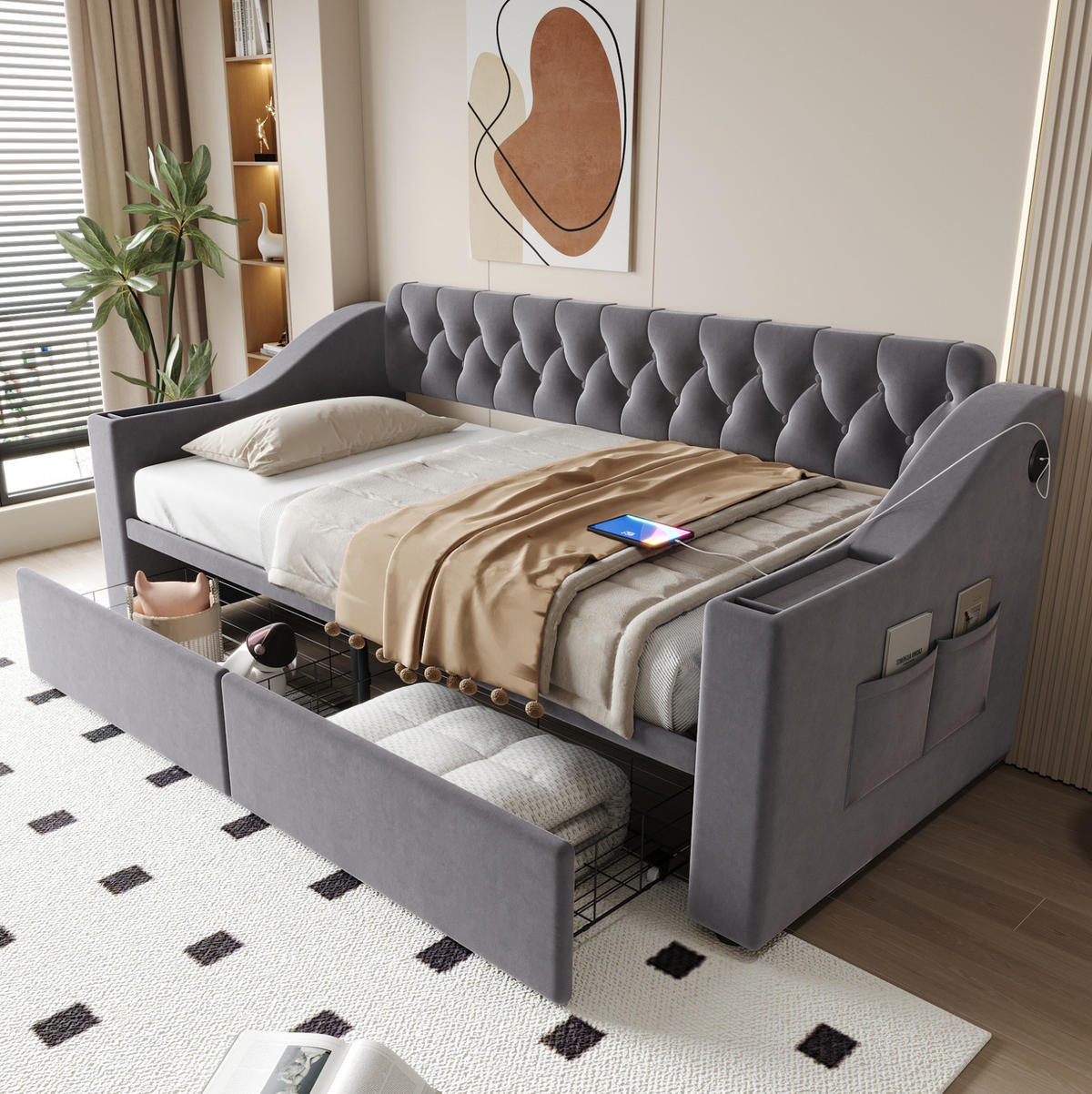 POLSTERBETT 90/190 cm mit USB- und Typ-C-Anschluss, Stauraumschubladen und Armlehnenfächern aus Samt, Dunkelgrau - Grau, Textil (90/190cm) - Redom