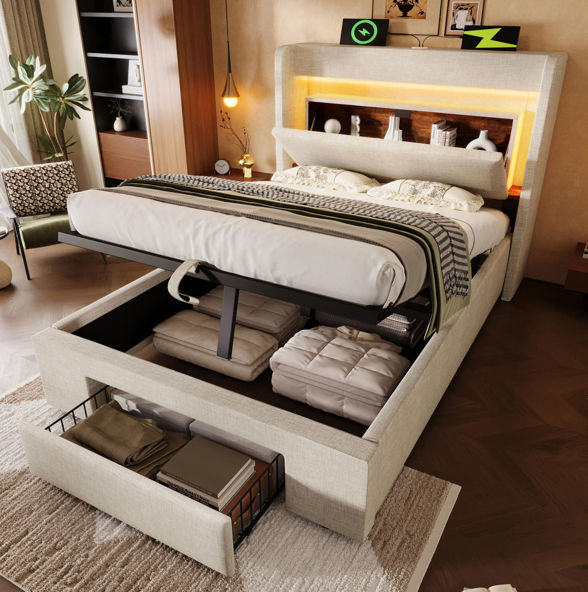 POLSTERBETT mit Stauraum und Matratze 90x200 cm Leinen Beige - Beige, Metall (90/200cm) - Beauniv