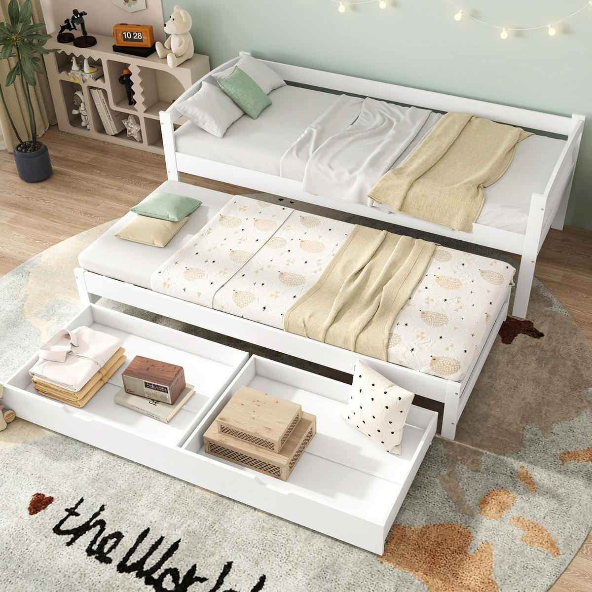 TAGESBETT 200/90 cm mit Ausziehbett 190/90 cm, 2 Schubladen und Massivholzrahmen, Weiß - Weiß, Holzwerkstoff (90/200cm) - Redom