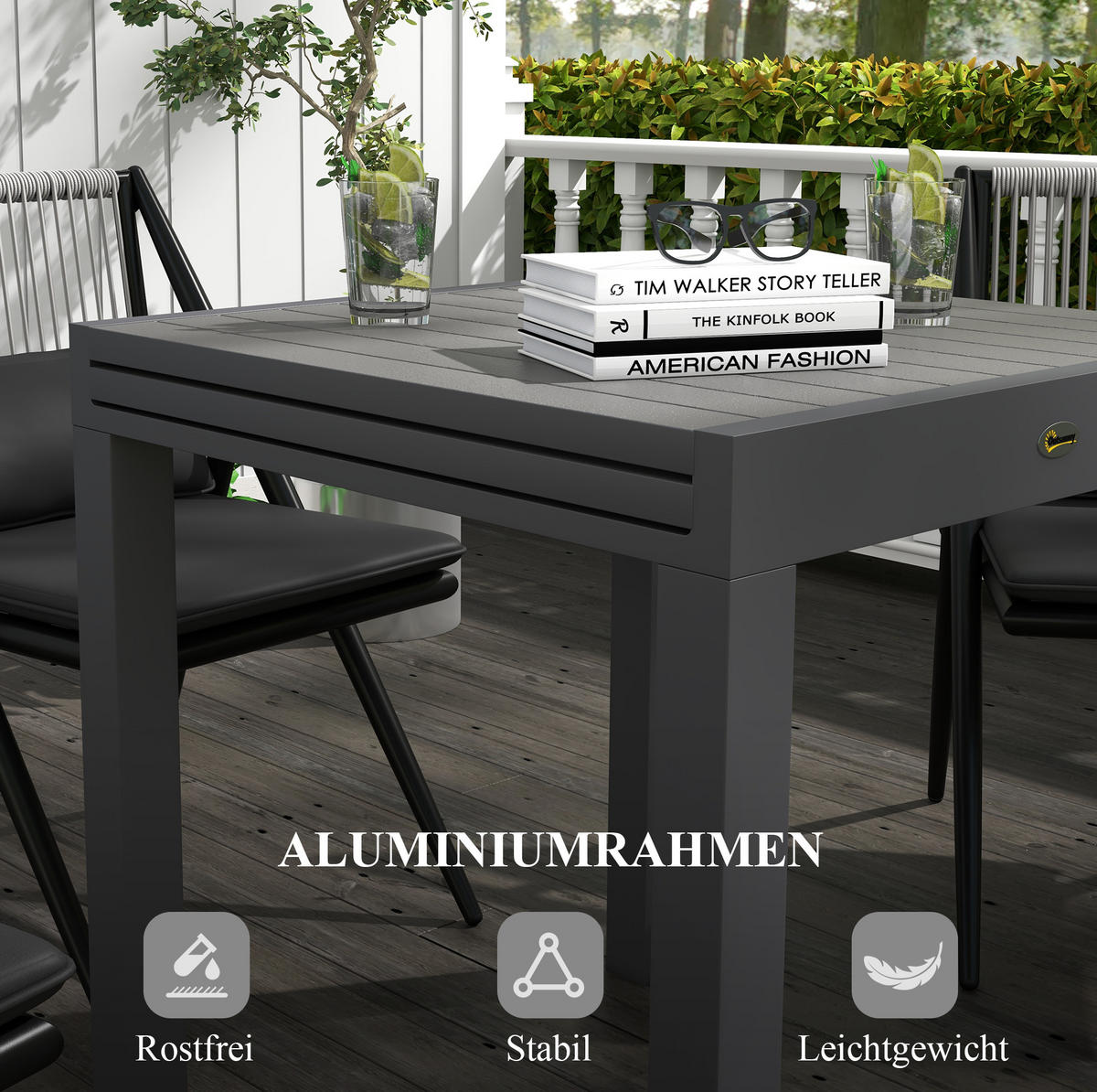 GARTENTISCH aus Aluminium 81/162x80x75 cm Grau ausziehbar mit Lattenoptik und verstellbaren Fußstützen - Grau, Metall (162/80/75cm) - Modfu