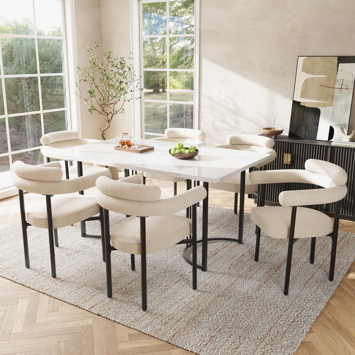 ESSTISCHSET 7-Teilig Mit 6 Hohlen Sesseln, Metallbeine, Cremefarben - Multicolor, Metall (140/75/80cm) - FLIEKS