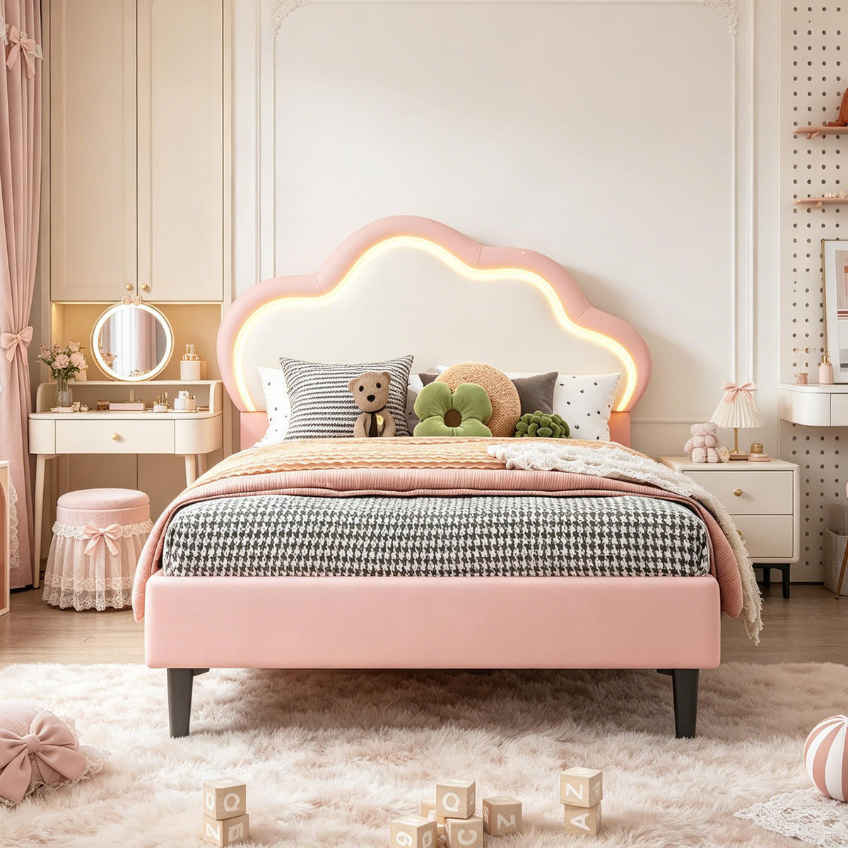 POLSTERBETT 90x200, einzelbett, Bettgestell 90 x 200 mit Kopfteil in Wolkenform, Lattenrost, LED, PU, rosa - Pink, Leder/Holz (90/200cm) - GENKI LIVING