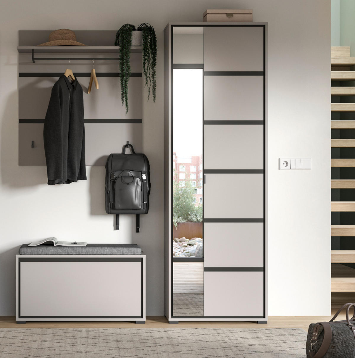 GARDEROBENPANEEL grau, schwarz 85 cm, Wandgarderobe mit Kleiderstange - Schwarz/Grau, Holzwerkstoff/Metall (85/93/25cm) - Inn.Furn