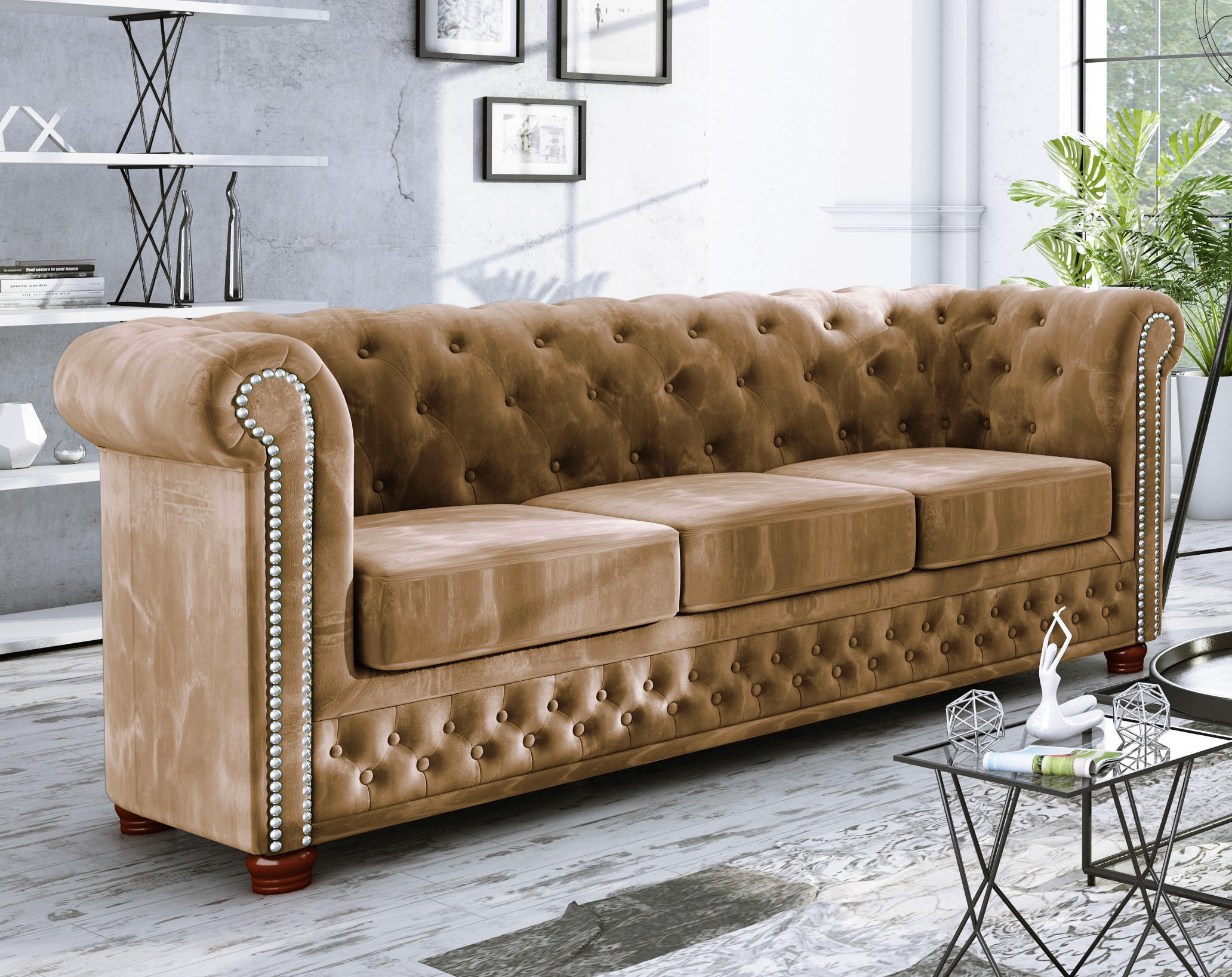 CHESTERFIELD-SOFA 3-sitzer Lauren Beige Samt - Beige/Braun, Holz/Textil (203/72/86cm) - S-Style Möbel