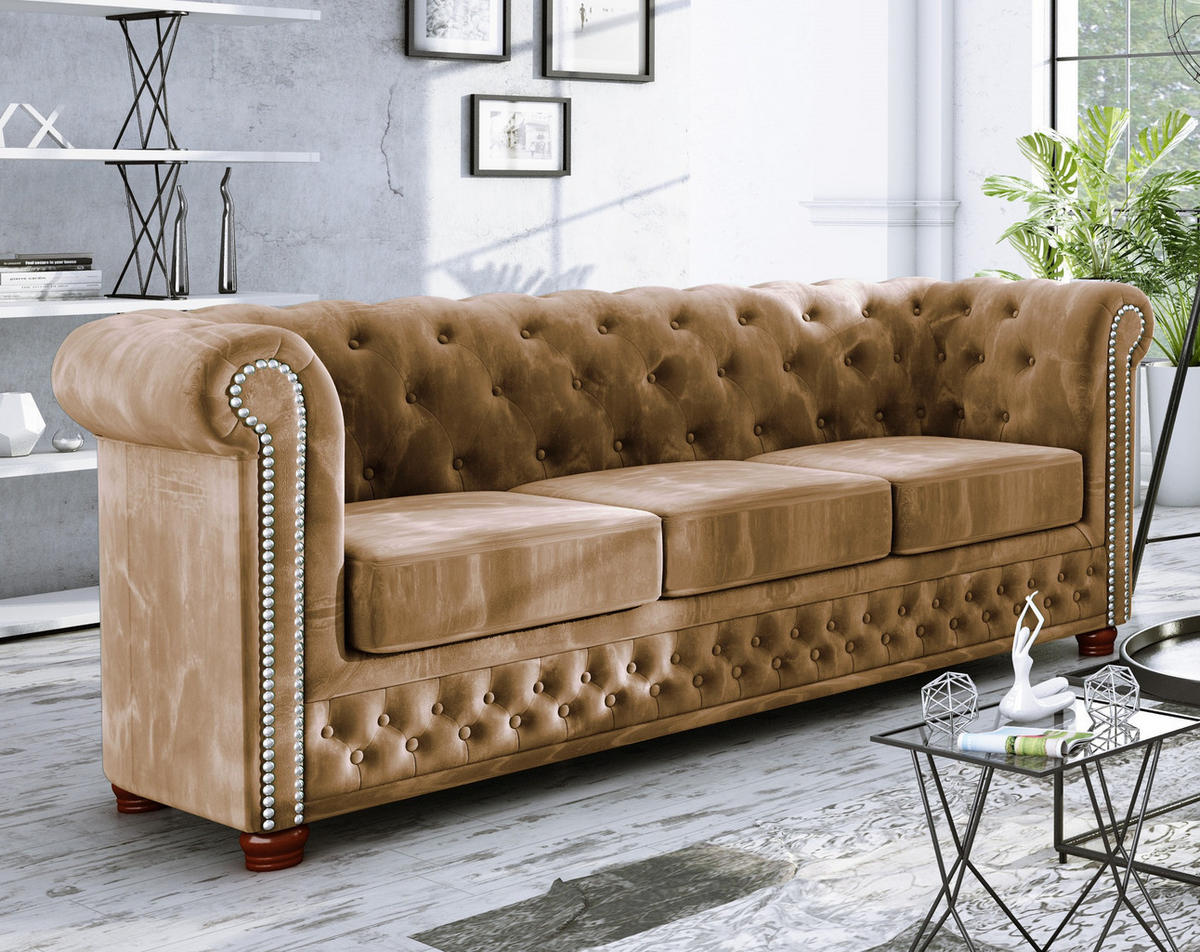 CHESTERFIELD-SOFA 3-sitzer Lauren Beige Samt - Beige/Braun, Holz/Textil (203/72/86cm) - S-Style Möbel