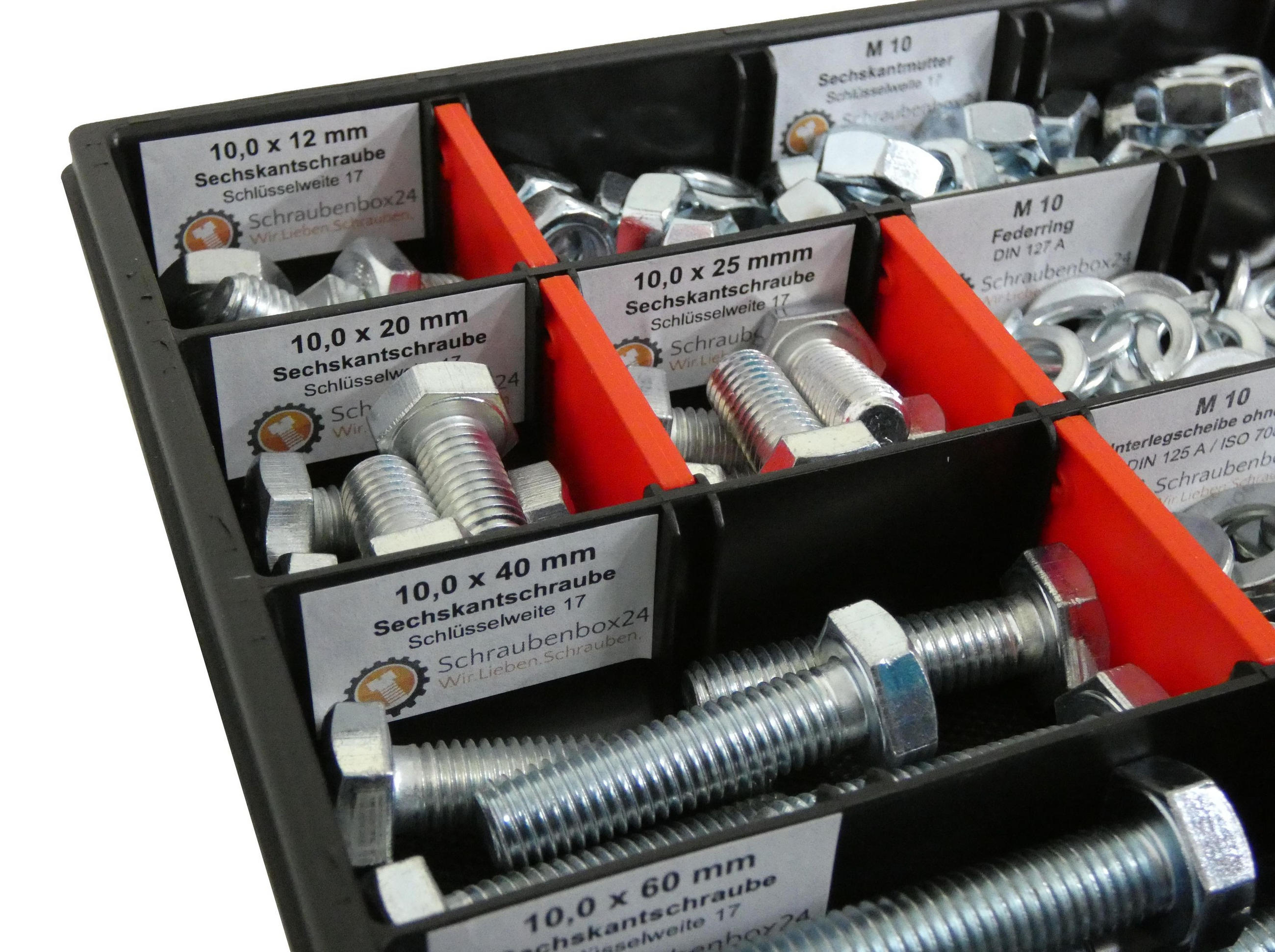 SCHRAUBENSET mit Sechskantschrauben, Muttern, Unterlegscheiben und Federringen M10 // 12mm-70mm 200 tlg - Zinkfarben, Metall (10/3.5cm) - Schraubenbox24