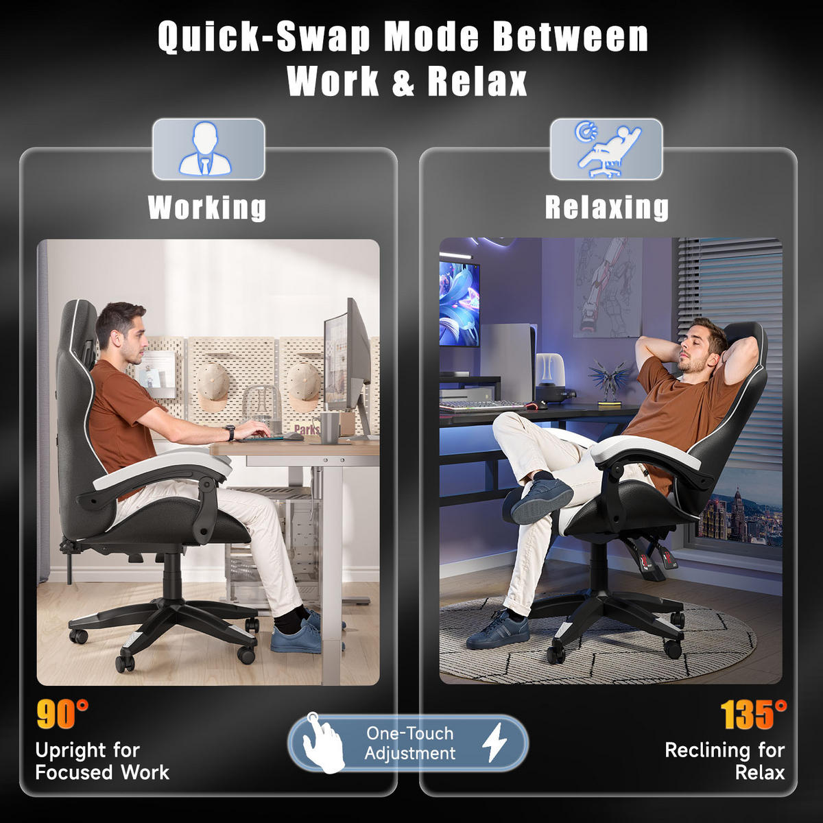 GAMING-STUHL ergonomisch, verstellbare Rückenlehne, Kissen – Schwarz/Weiß - Weiß, Leder (59/120/56cm) - Rattantree