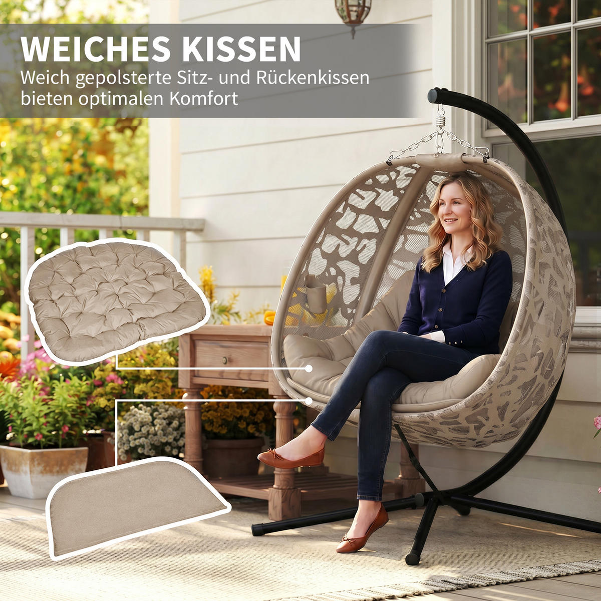 HÄNGESESSEL, Stahl, Polyester, Sand - Sandfarben, Kunststoff/Metall (103/172/130cm) - Outsunny