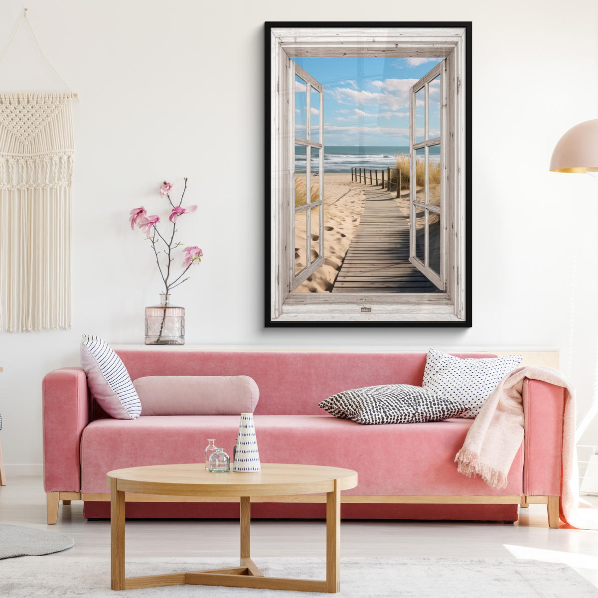 GERAHMTES BILD Fenster - Meer - Küste - Natur - Ausblick - Strand - Wattenmeer 80x120 cm - Beige, Papier (80/120cm) - MuchoWow
