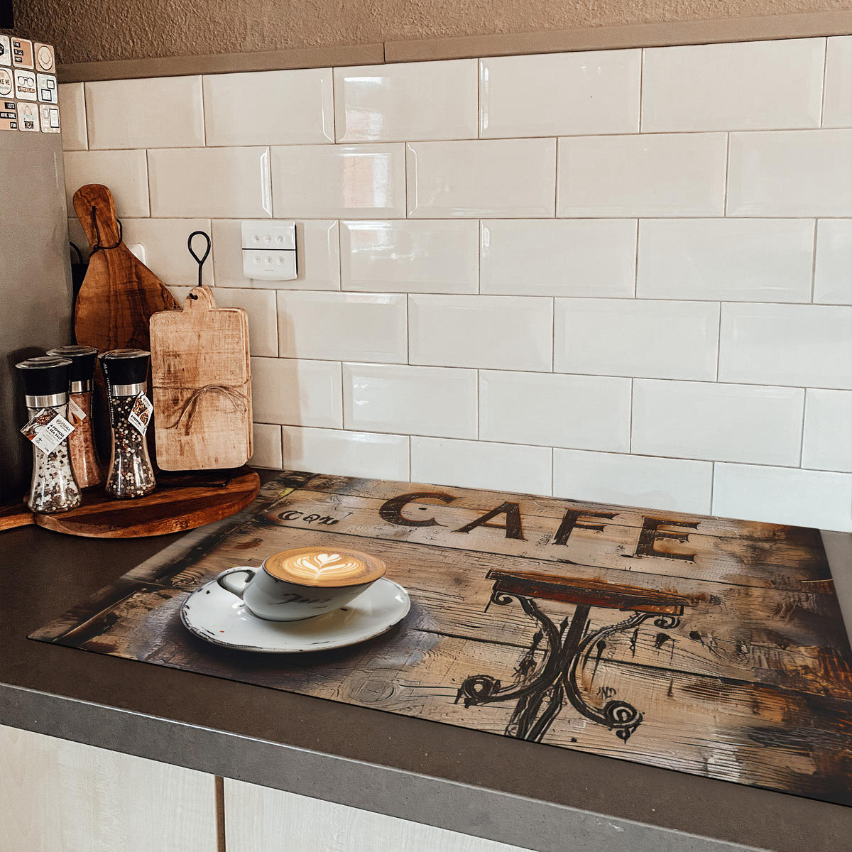 HERDABDECKPLATTE Cafe - Holz - Kaffee - Regale Induktionsmatte 81x52 cm - Schwarz, Kunststoff (81/52/0.2cm) - MuchoWow