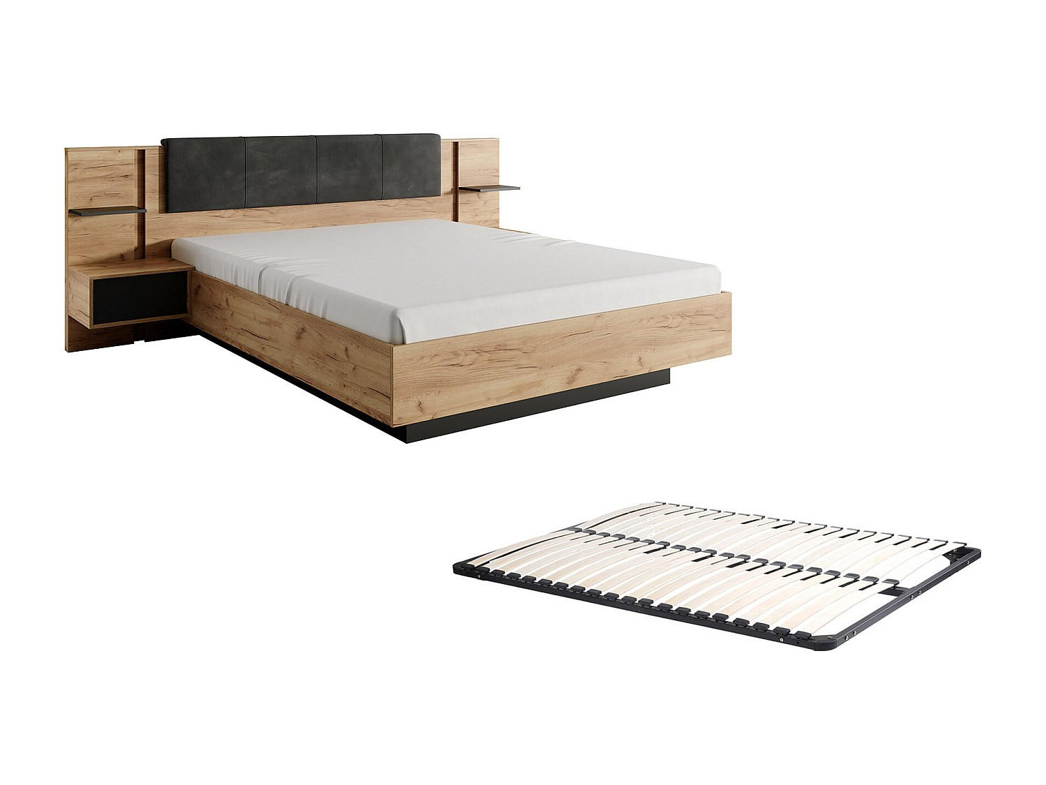 BETTRAHMEN - 2 Personen - stoff - anthrazitgrau, naturfarben hell Elynia - Anthrazit/Naturfarben, Holz/Holzwerkstoff (160/200cm) - Vente-Unique