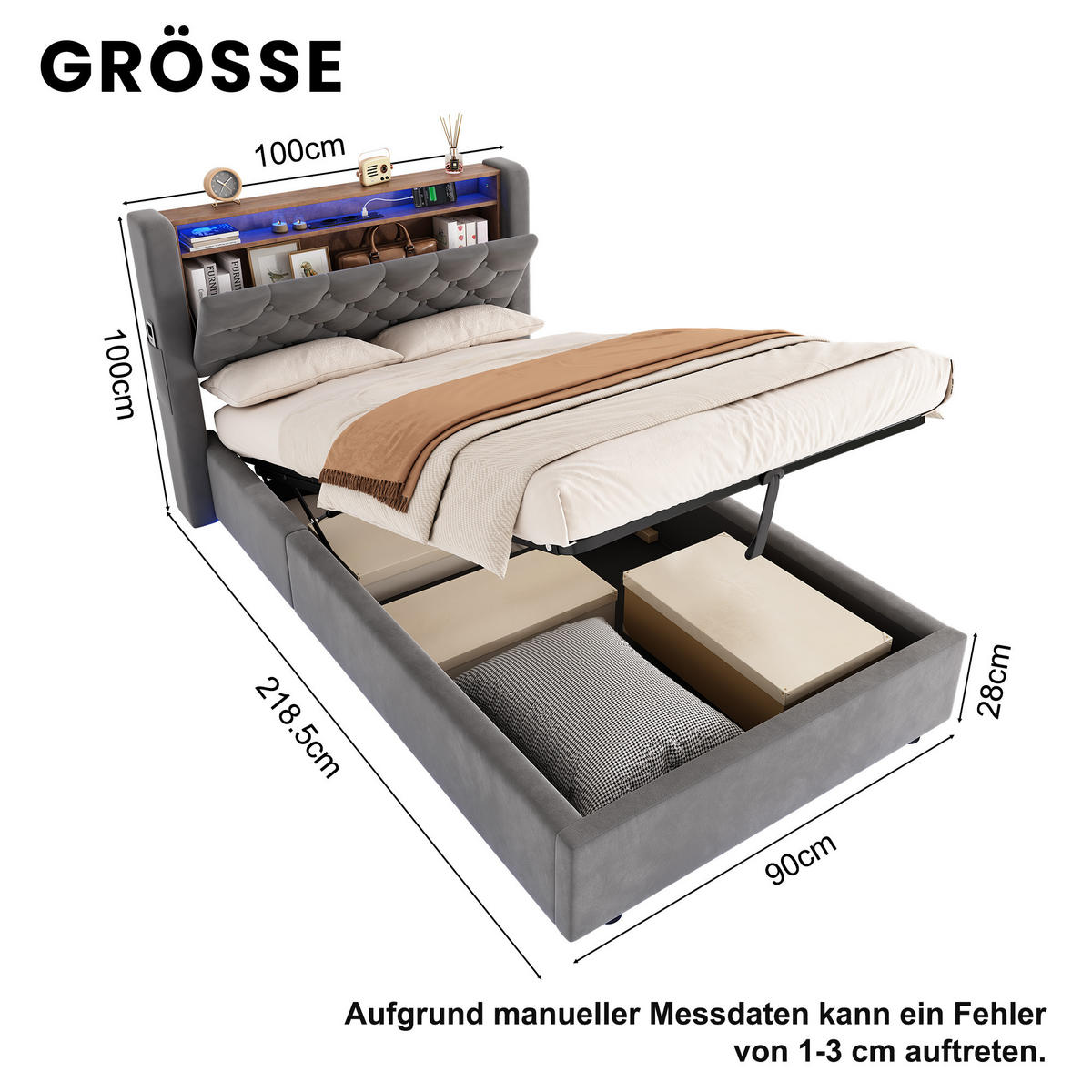 POLSTERBETT 90/200 cm mit hydraulischem Bettkasten, Schubladen, Klappbares Kopfteil, LED-Beleuchtung, Grau - Grau, Textil (90/200cm) - Redom