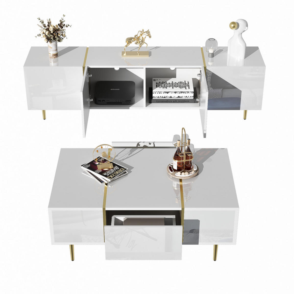 TV-SCHRANK SET Modern Hochglanzweiß mit Couchtisch - Weiß, Holz (69.6/14.99/112.4cm) - FLIEKS