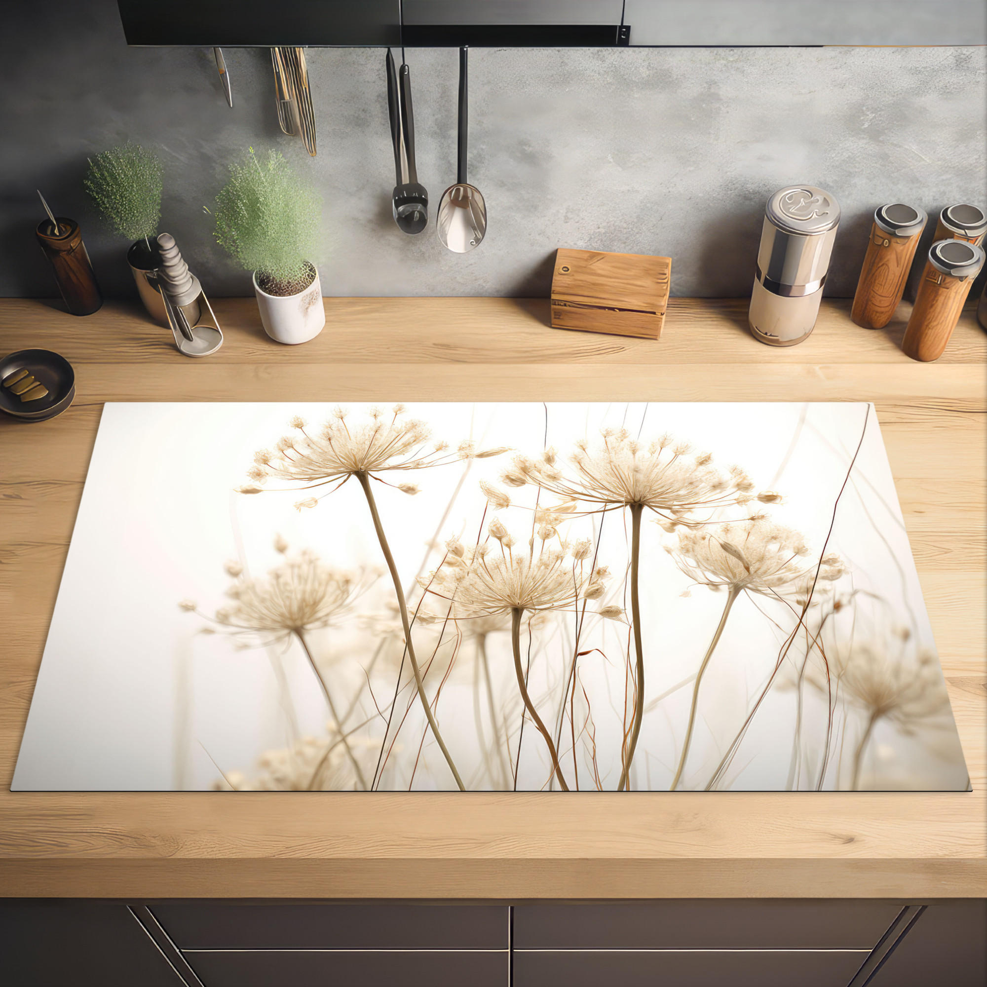 HERDABDECKPLATTE Blumen - Weiß - Sonnenlicht 91x52 cm - Ecru, Kunststoff (91.2/0.2/52cm) - MuchoWow