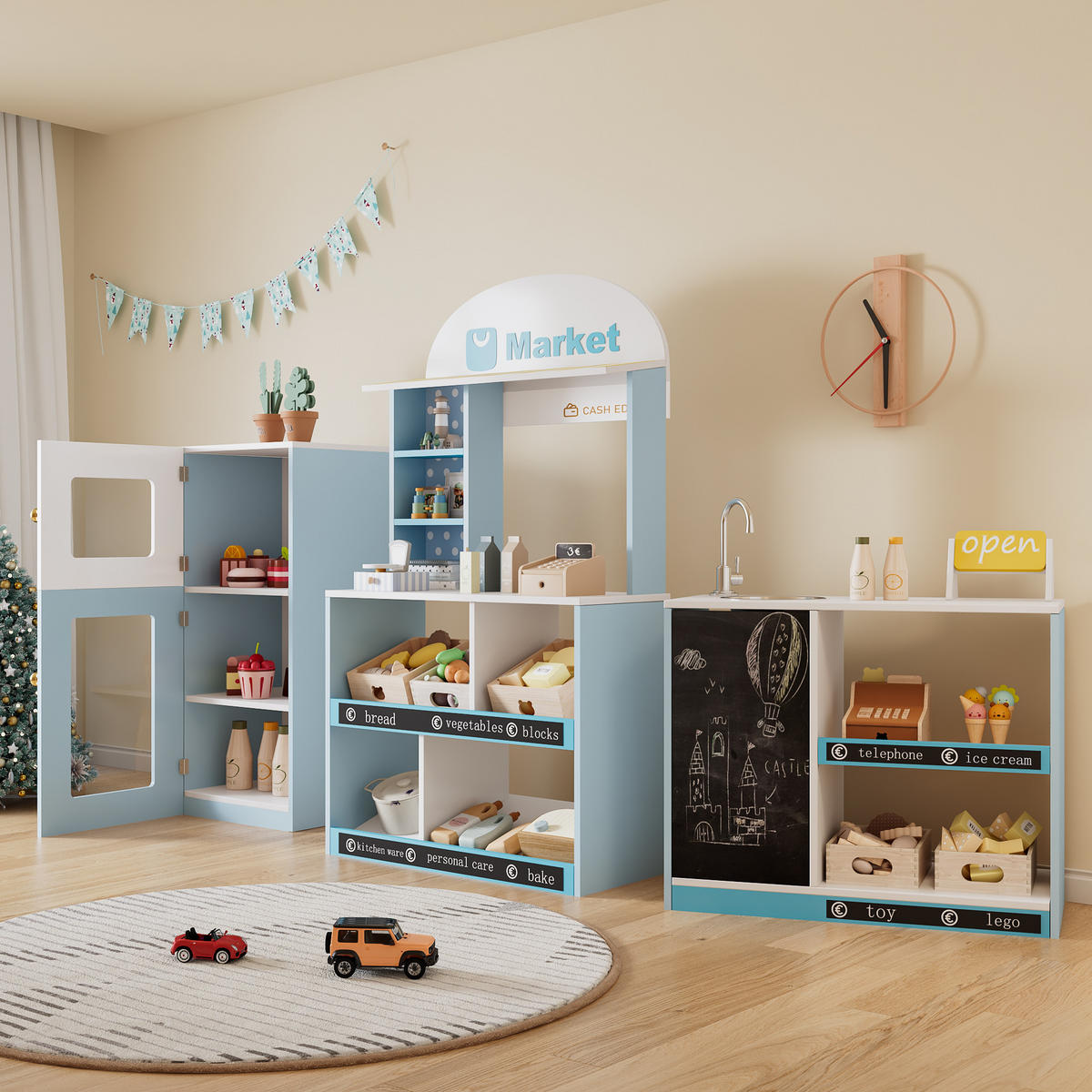 KINDER Kaufladen Spielset Blau – mit Regal, Kühlschrank, Kreidetafel & Zubehör, Holz/Kunststoff, Lernspielzeug ab 3 Jahren - Blau, Holzwerkstoff (155/30/107.5cm) - Ej. Life