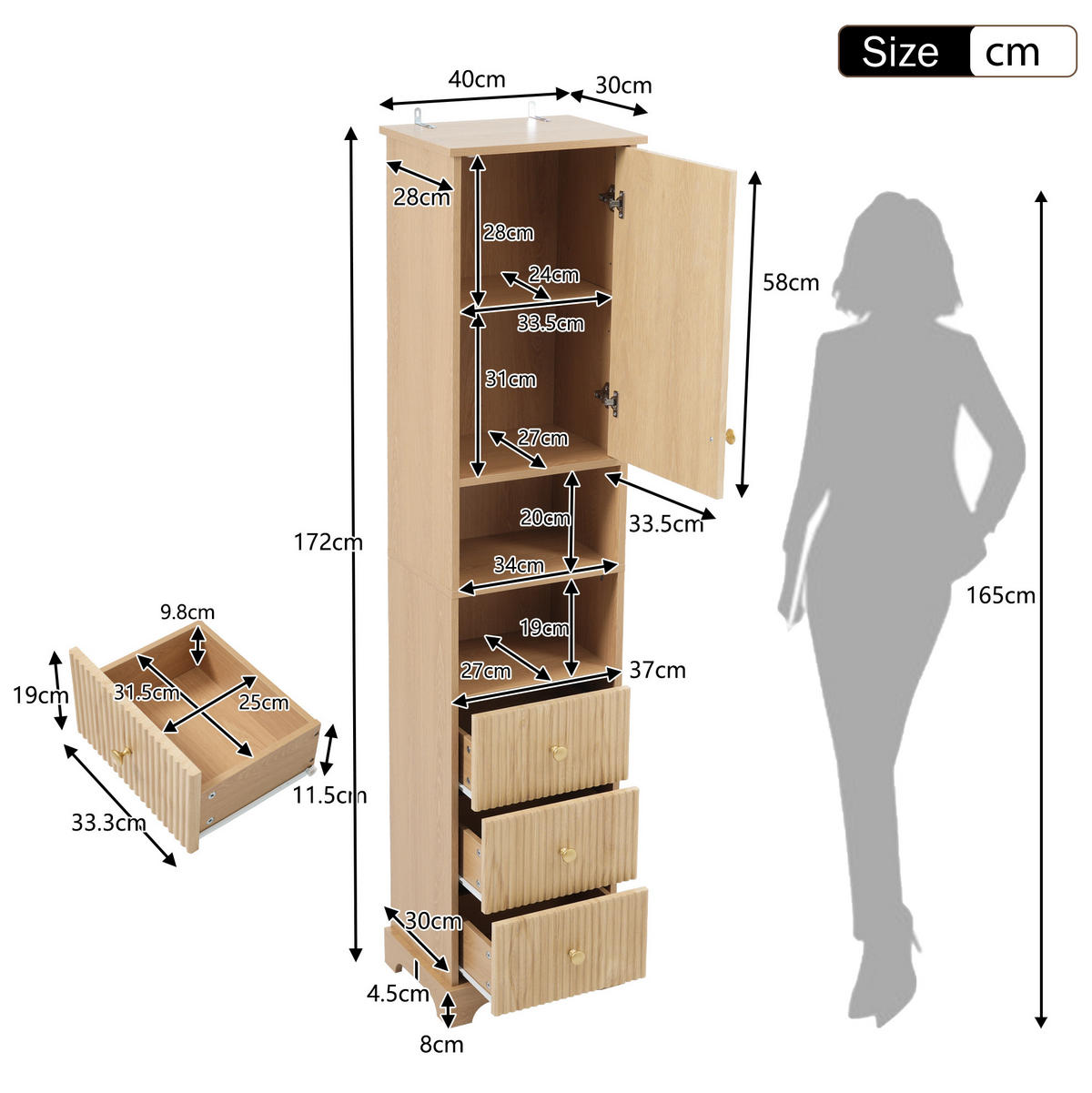 HOCHSCHRANK 40/30/172 cm aus MDF mit 3 Schubladen und verstellbarem Einlegeboden Natur - Naturfarben, Holzwerkstoff (40/172/30cm) - Modenvie
