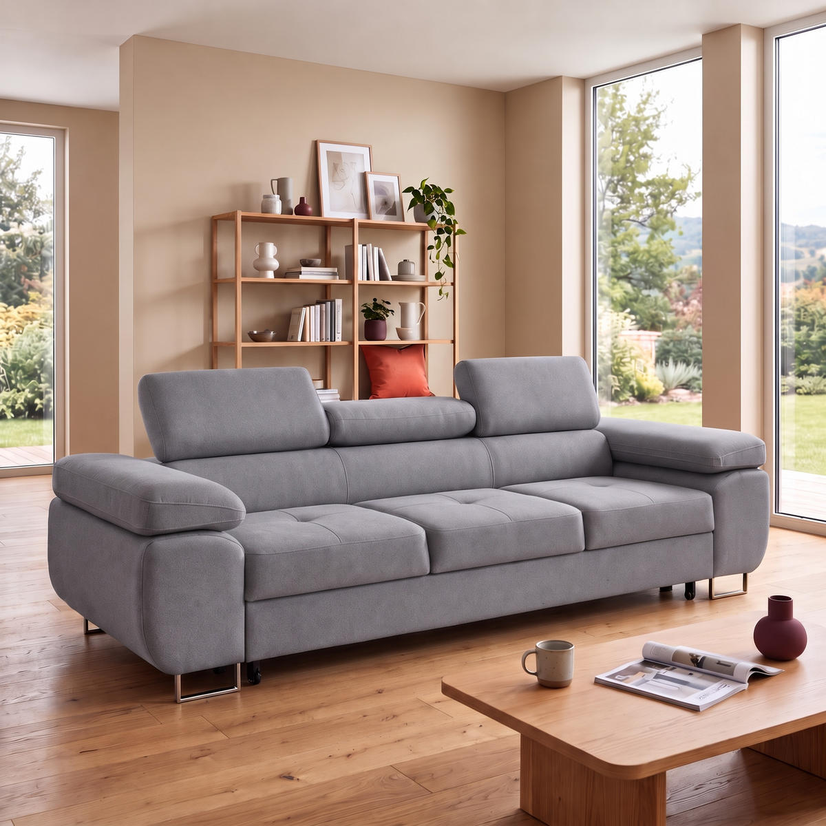 3-SITZER-SOFA WILD mit Schlaffunktion 127x190 Velours Dunkelgrau - Chromfarben/Dunkelgrau, Holz/Textil (262/90/102cm) - Muffo