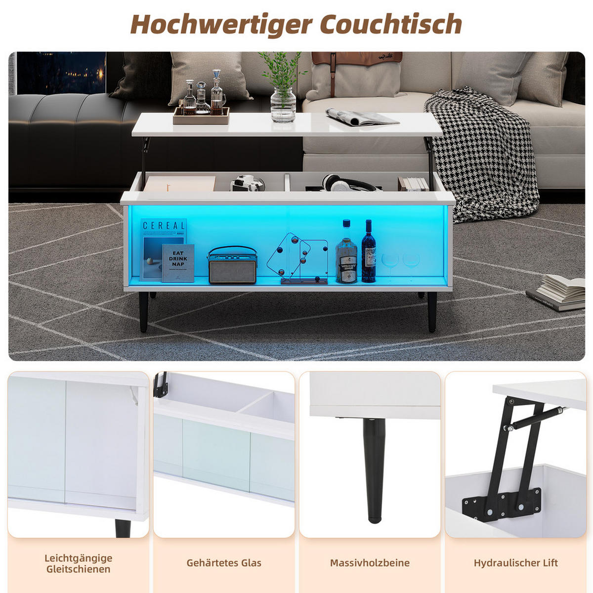 COUCHTISCH 105x50cm Weiß Höhenverstellbar LED Versteckter Stauraum Glas - Weiß, Holz (114.3/59.51/16.03cm) - FLIEKS
