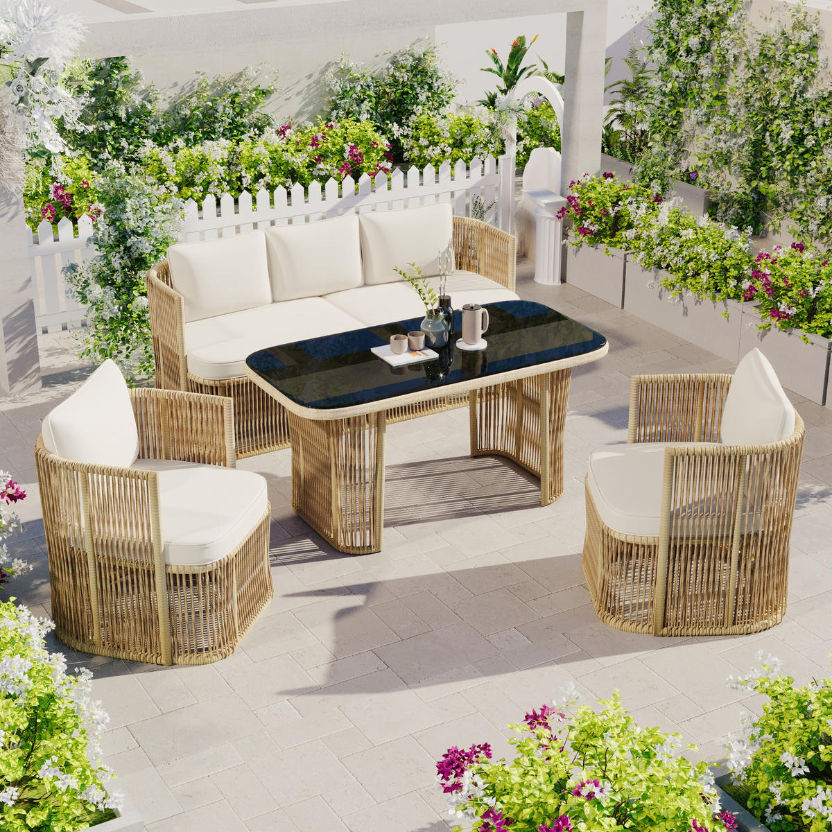 GARTENSET Rattan 4 tlg Sofa Sessel Tisch - Beige, Metall - LEBENLANG
