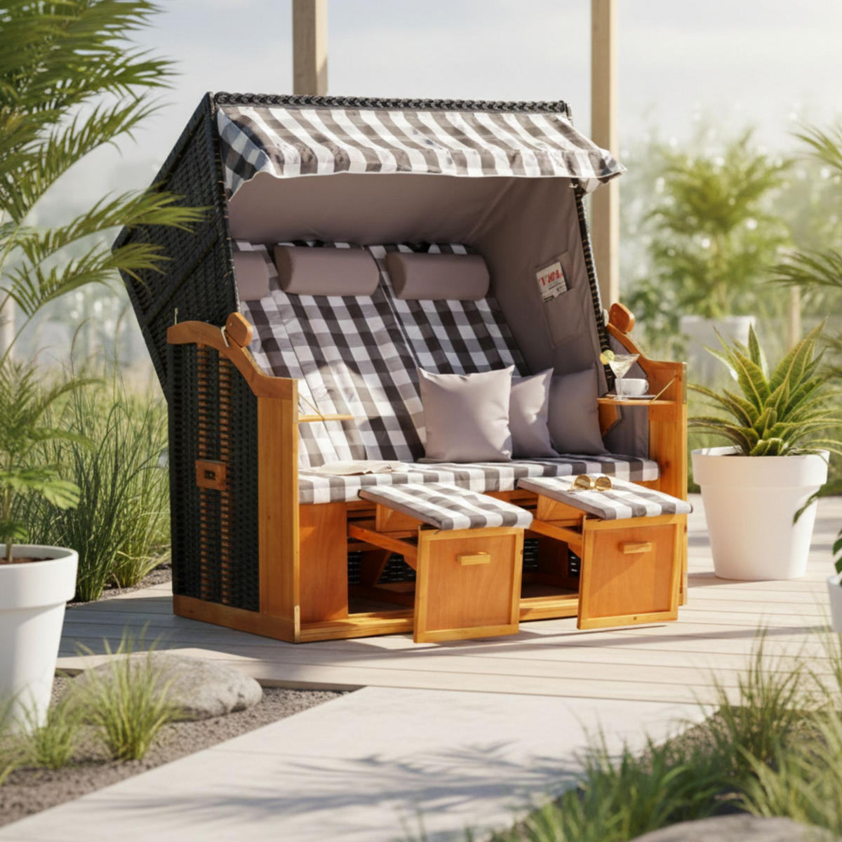 STRANDKORB XXL Ostsee 3Sitzer PE Schwarz - Schwarz/Braun, Metall (160/160/80cm) - Mr. Deko