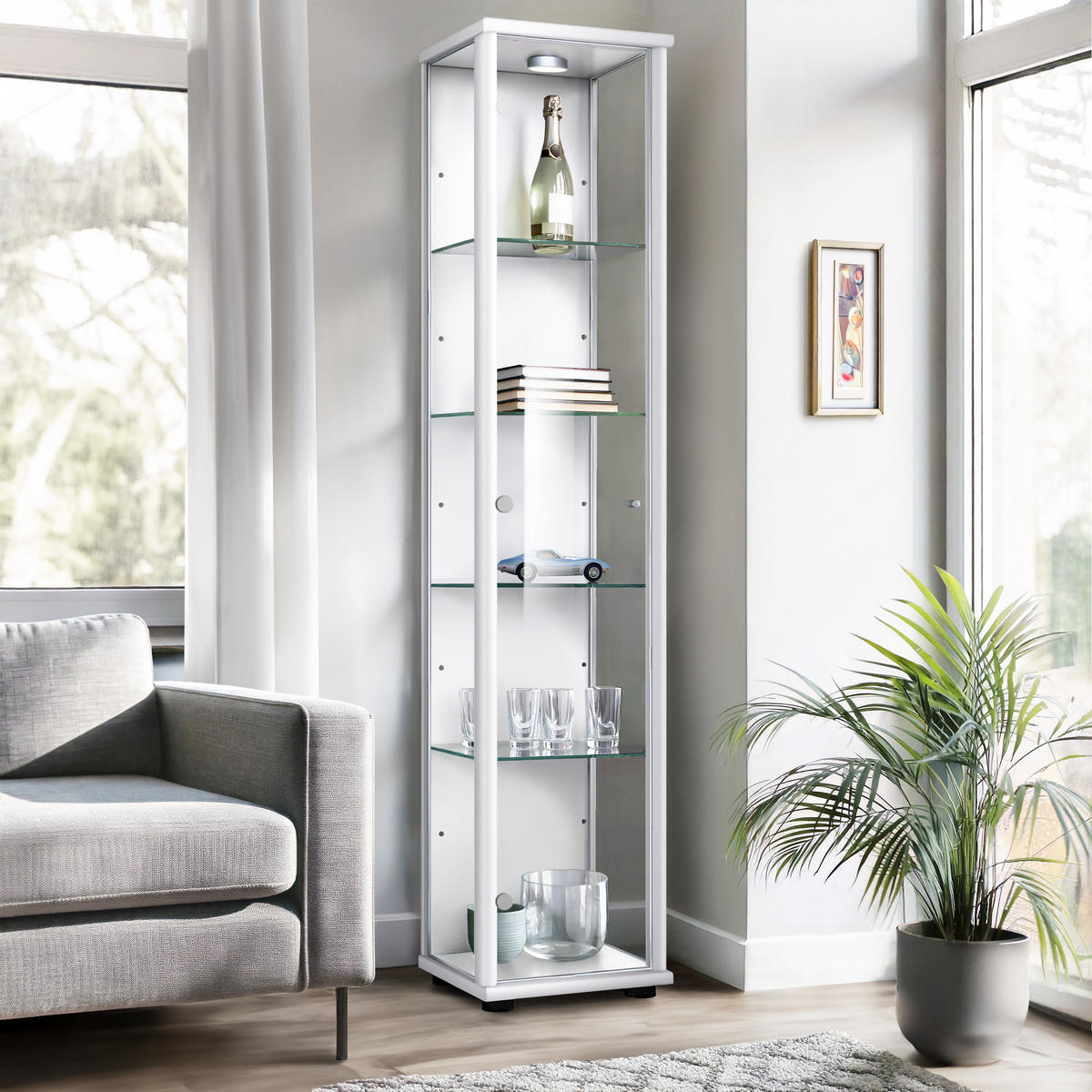 GLASVITRINE 33/37/176 cm mit LED & 4 höhenverstellbaren Glasböden - Transparent/Silberfarben, Glas/Holzwerkstoff (37/176/33cm) - K-Möbel