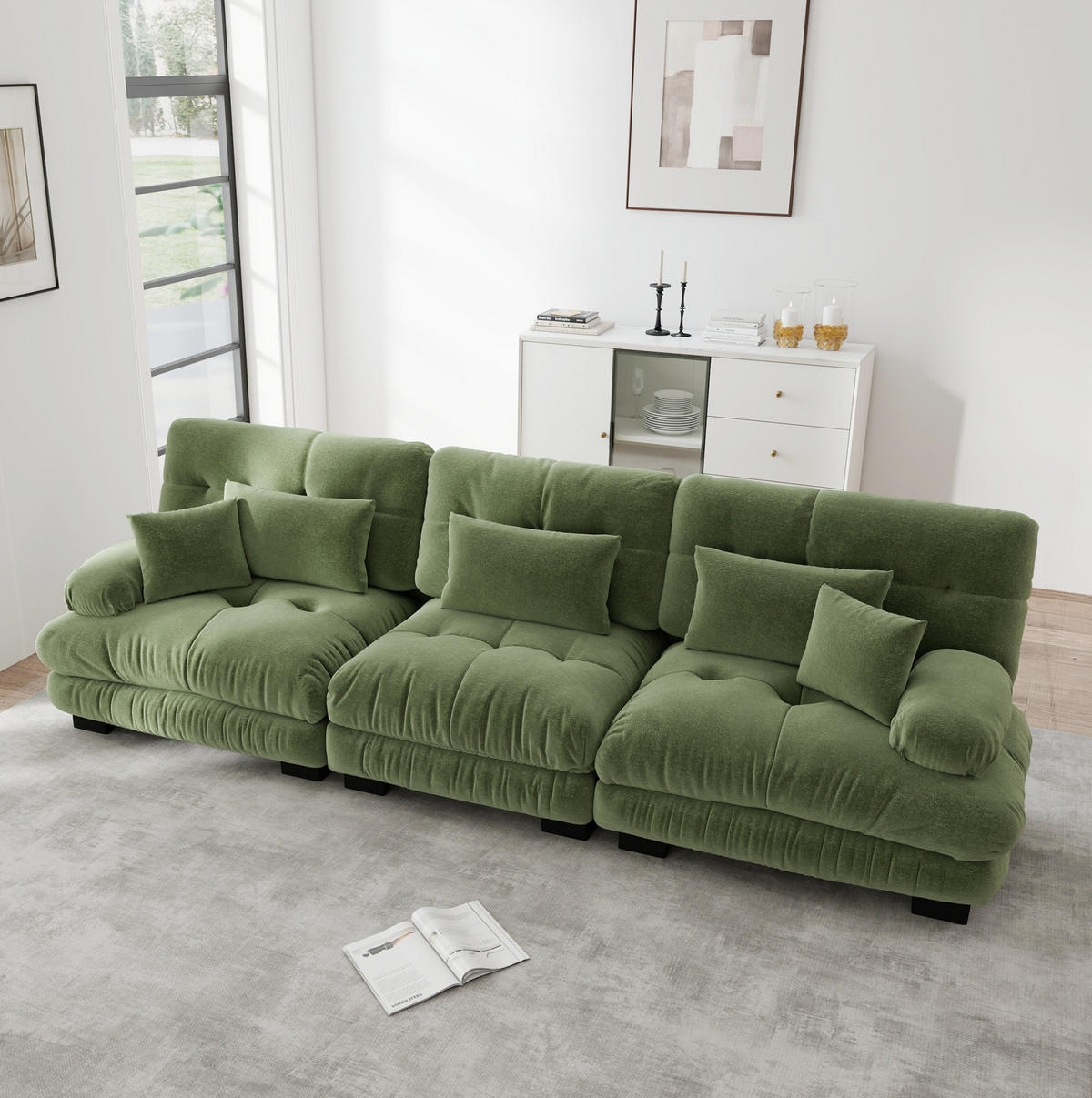 SOFA aus Chenille in Grün mit Tiefensitz - Grün, Textil (77/81/313cm) - Flora Grace