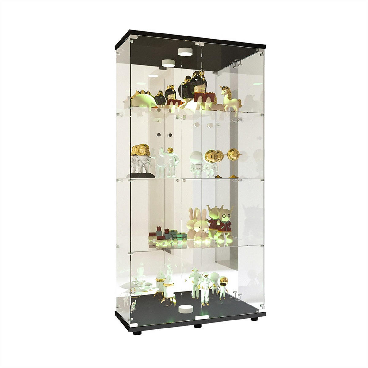 VITRINE - Glasvitrine mit 2 Türen und 4 Ebenen - mehrfarbige Beleuchtung - Schwarze Decken- und Bodenplatte - Schwarz, Glas (80.5/164/36.3cm) - DELFA