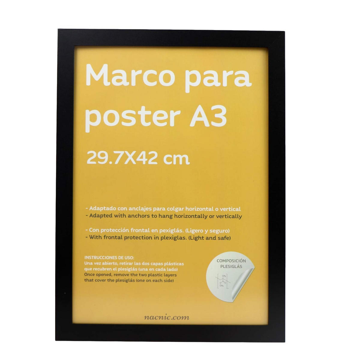 RAHMEN aus MDF und Acrylglas Schutz und Aussteller für Fotografien, Bilder, Poster, Gemälde, Dekoration für Haus Farbe Schwarz A3 - Schwarz, Holz (29.7/3/42cm) - Nacnic
