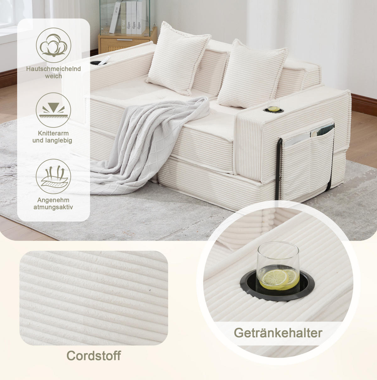 2-SITZER-SOFA aus Cord 162x78x66 cm Beige mit 2 Kissen, Seitentaschen und modularem Aufbau - Beige, Textil (162/66/78cm) - Modfu