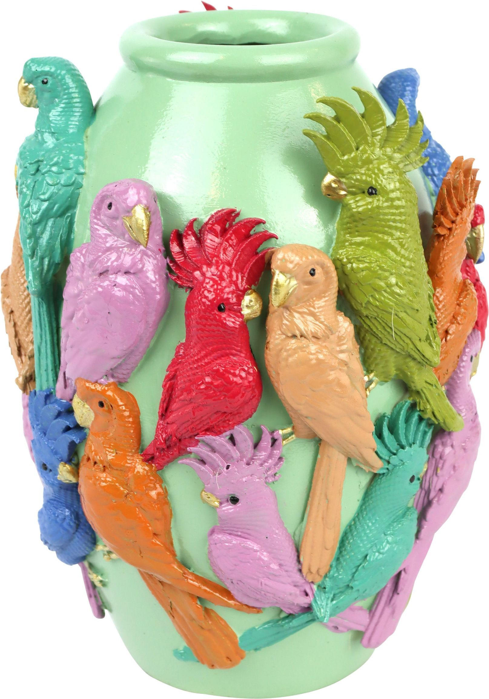 VASE Parrot mintfarben mit bunten Papageien - Grün, Kunststoff (18cm) - FURNARO