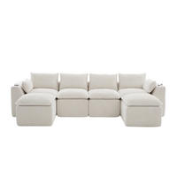4-SITZER-SOFA aus Chenille, modular mit 2 Fußhockern und Getränkehaltern - Beige, Textil (322/75/161cm) - Urban Meuble