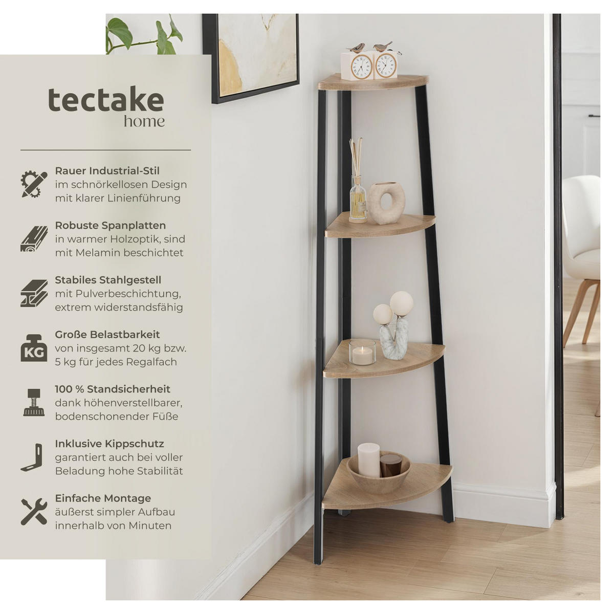 ECKREGAL Newbridge,inklusive Kippschutz, 34 x 34 x 125 cm,Industrial Holz hell, Eiche Sonoma - Naturfarben, Holzwerkstoff (34/125/34cm) - tectake