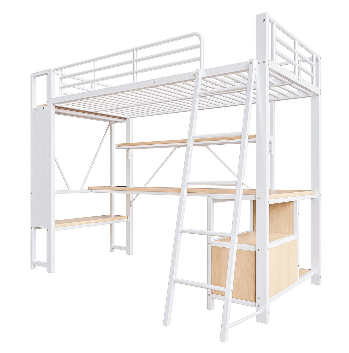 HOCHBETT 90/200 cm in Weiß mit Schreibtisch, Regalen und Rausfallschutz - Weiß, Metall (90/200cm) - BEAOK