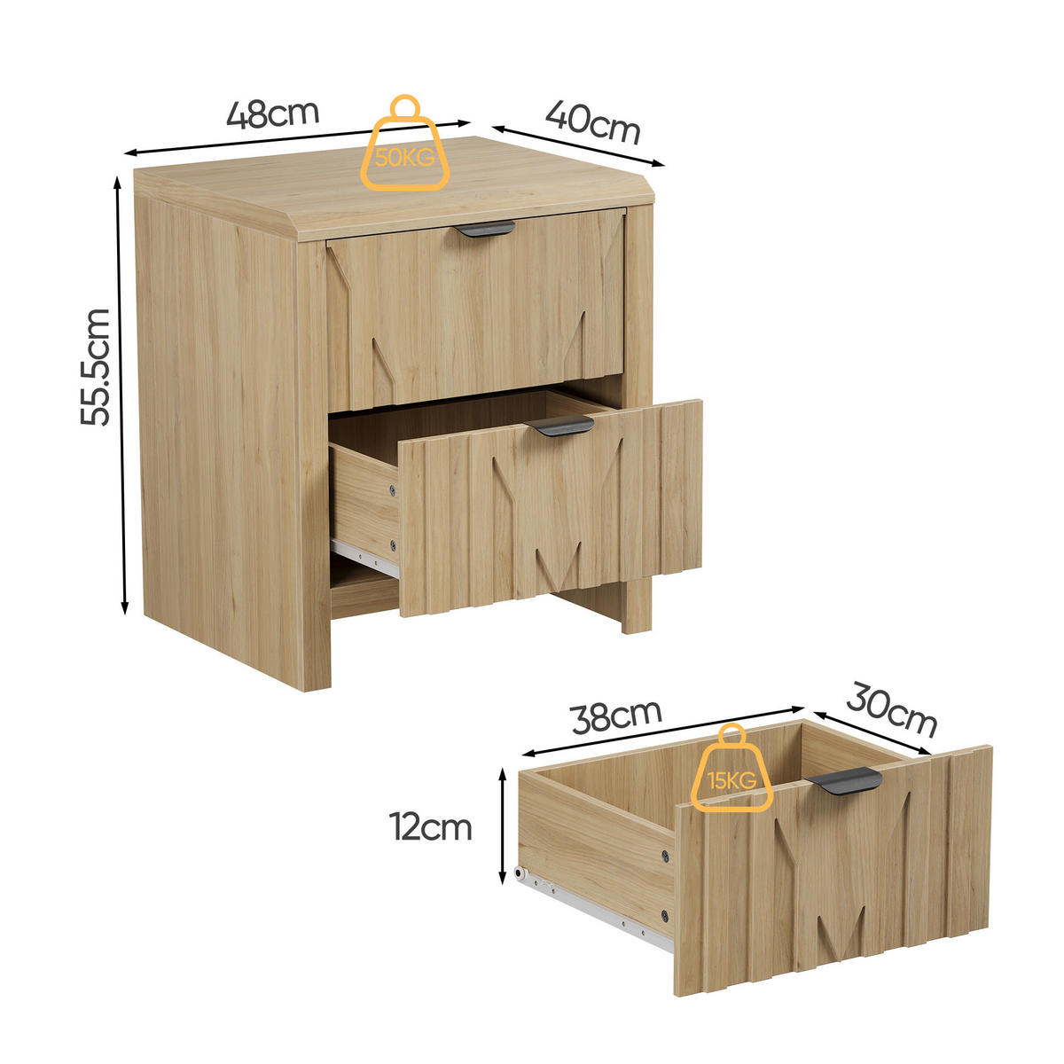NOČNÍ STOLEK Dubový dekor se 2 zásuvkami v moderním stylu - barva dubu, kompozitní dřevo (48/55.5/40cm) - Urban Meuble