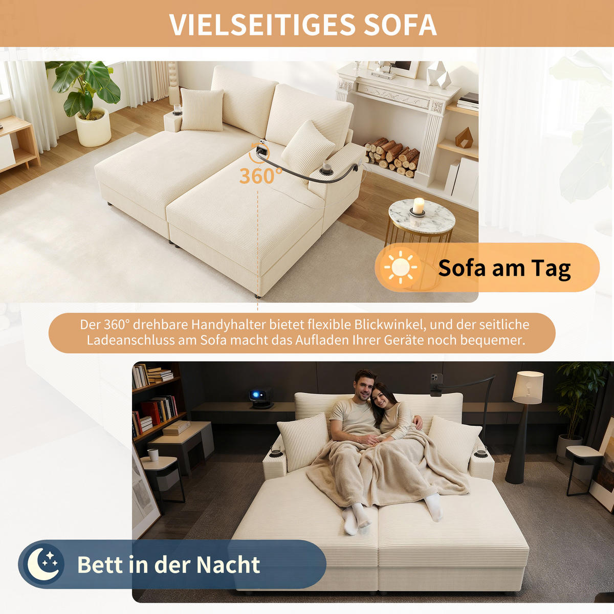 2-SITZER Schlafsofa Cord mit USB-Anschluss und Getränkehaltern Beige 163/140/82 cm - Beige, Textil (140/82/163cm) - Redom